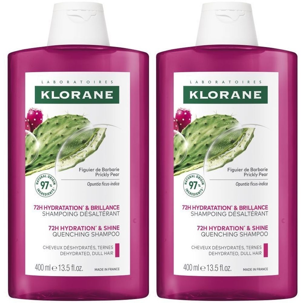 Deux flacons de shampooing Klorane. Liquide rose, bouchon blanc, étiquette avec figue de Barbarie. Texte: 72H Hydratation & Brillance.