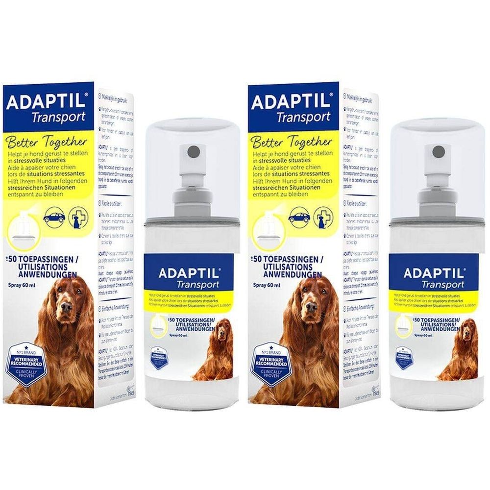 Quatre sprays ADAPTIL Transport. Emballage jaune et blanc avec nom du produit, image de chien et texte. Contient 50 utilisations.