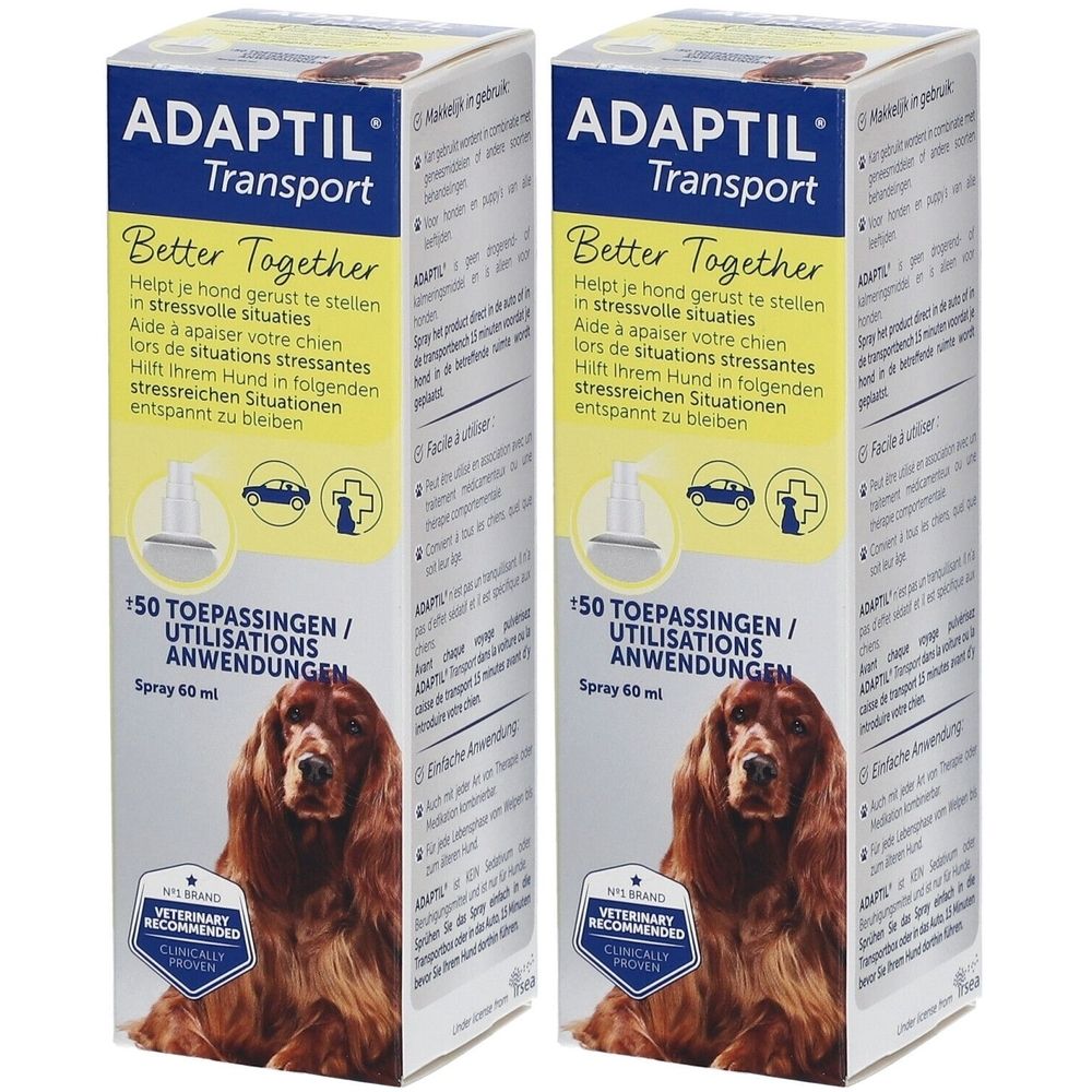 Zwei ADAPTIL Transport Sprays. Gelbe und weiße Verpackung mit Produktnamen, Hundebild und Text. Enthält 50 Anwendungen.