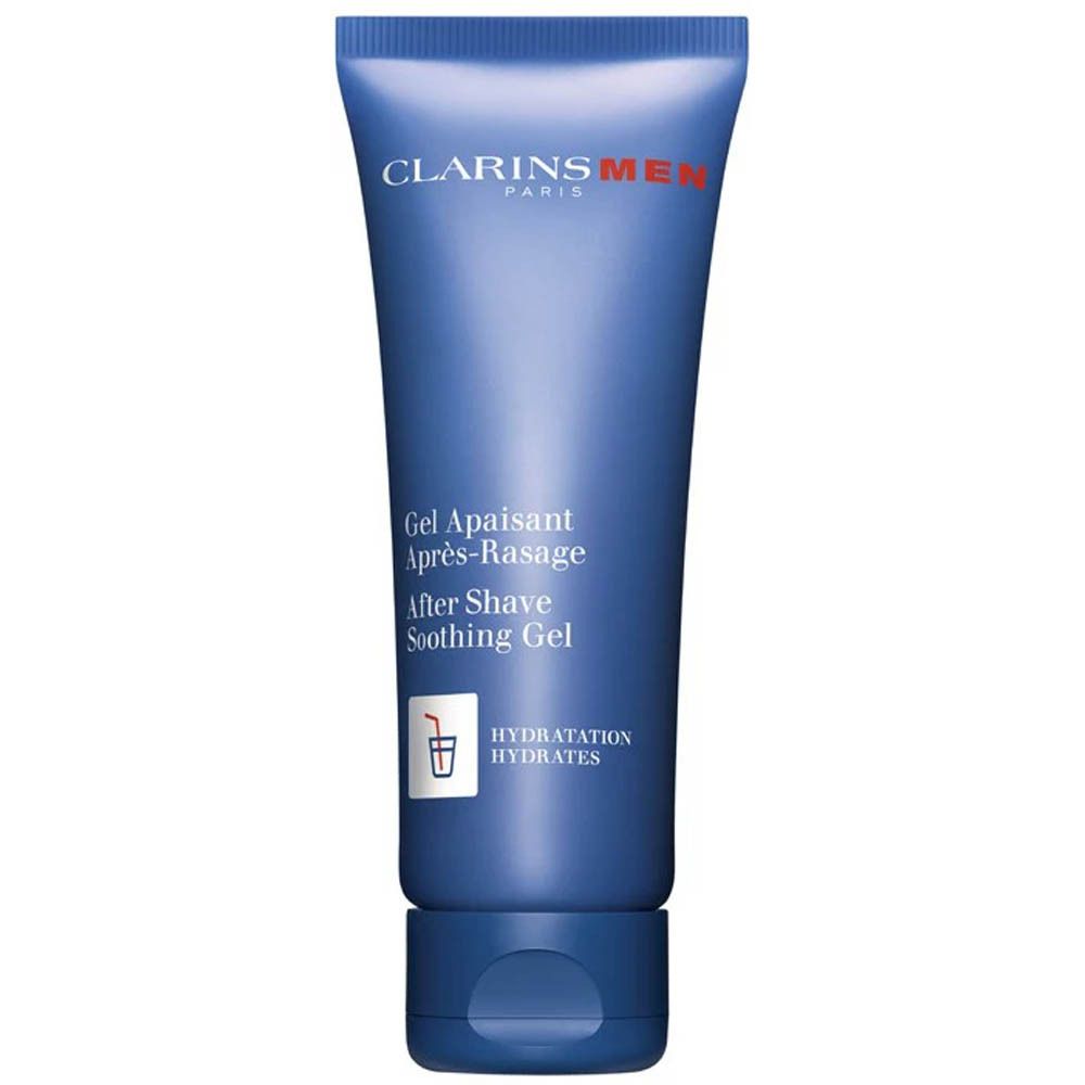 Clarins Men After Shave Soothing Gel Tube. Blaue Tube mit weißem und rotem Schriftzug.