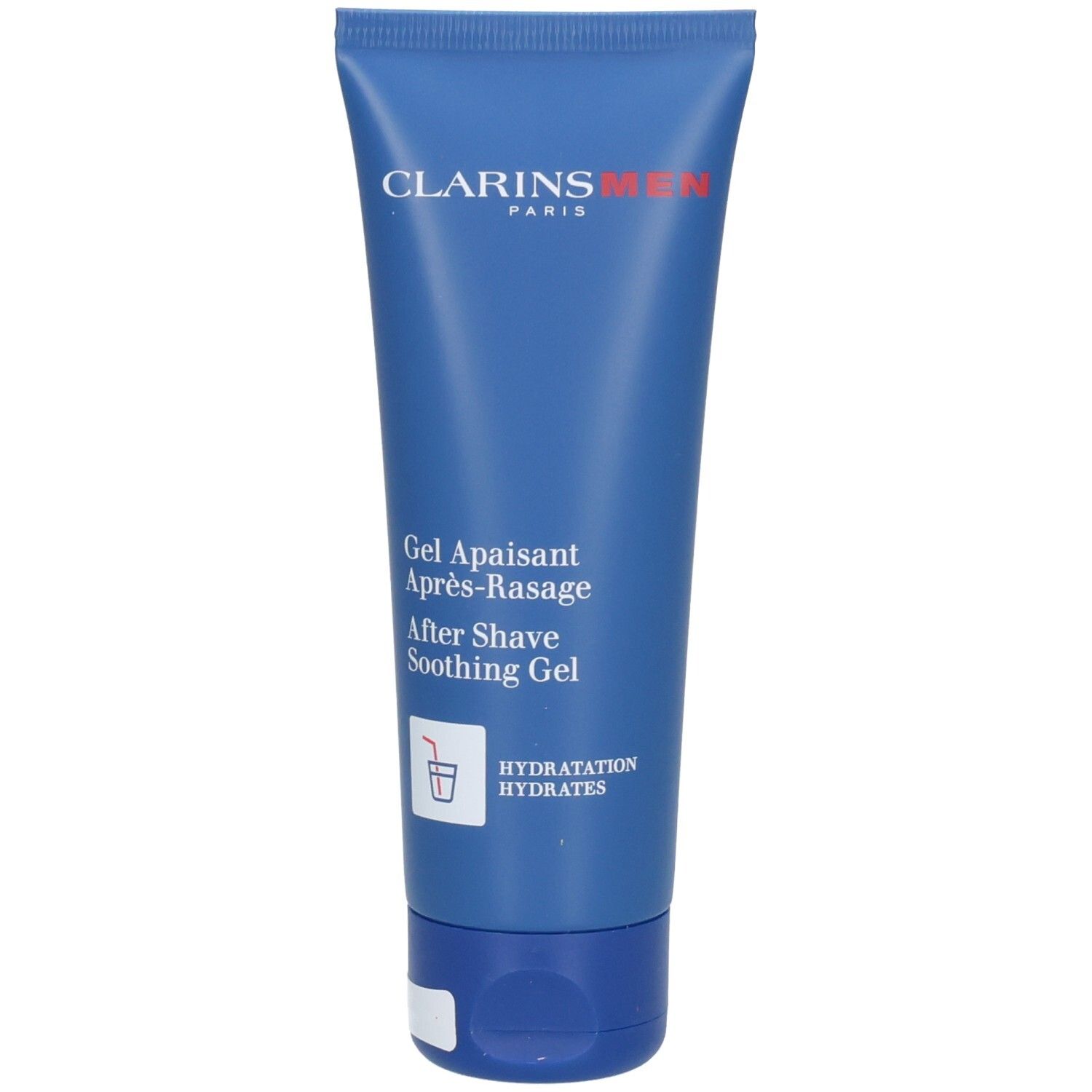 Clarins Men After Shave Soothing Gel Tube. Blaue Tube mit weißem und rotem Schriftzug.