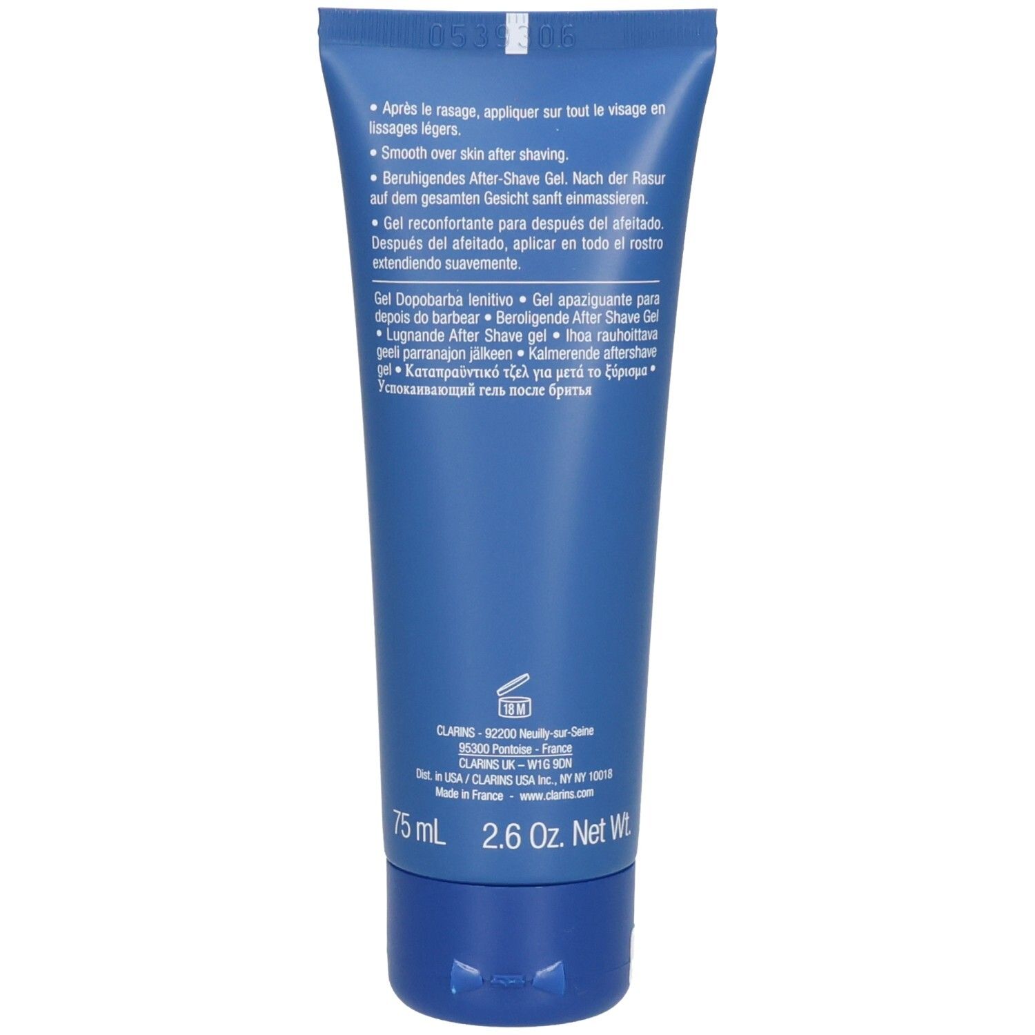 Rückseite einer Tube Clarins Men After Shave Soothing Gel mit Anwendungshinweisen und Inhaltsstoffen.