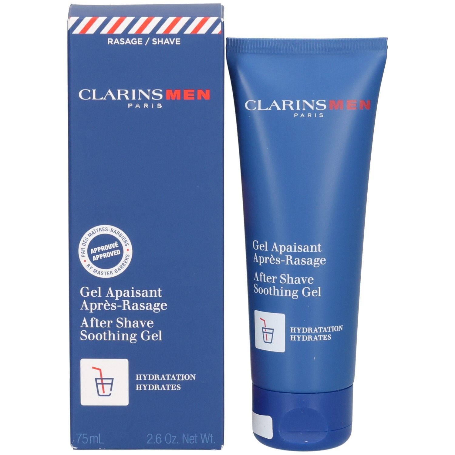 Clarins Men After Shave Soothing Gel Tube und Verpackung. Blaue Tube und Schachtel mit roten und weißen Akzenten.
