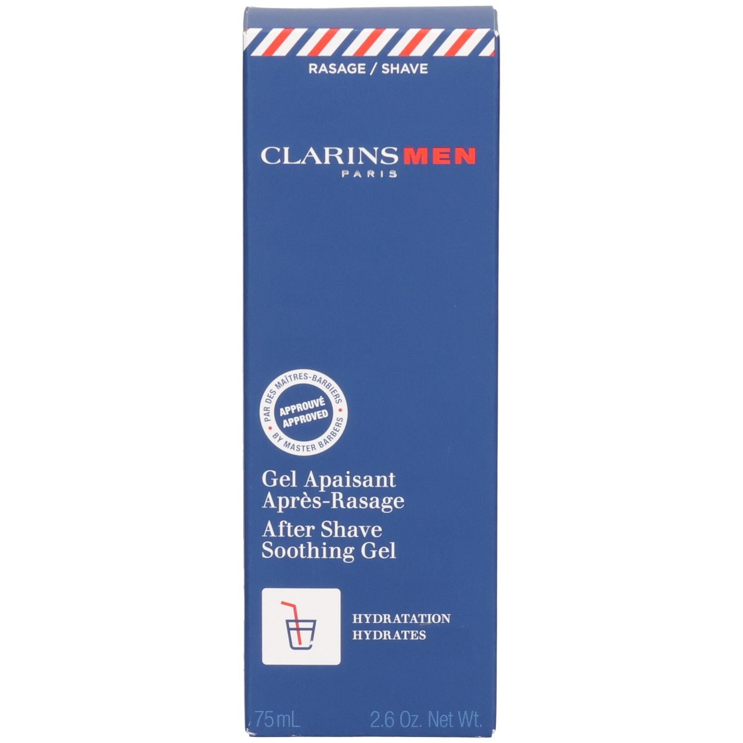 Clarins Men After Shave Soothing Gel Tube und Verpackung. Blaue Tube und Schachtel mit roten und weißen Akzenten.