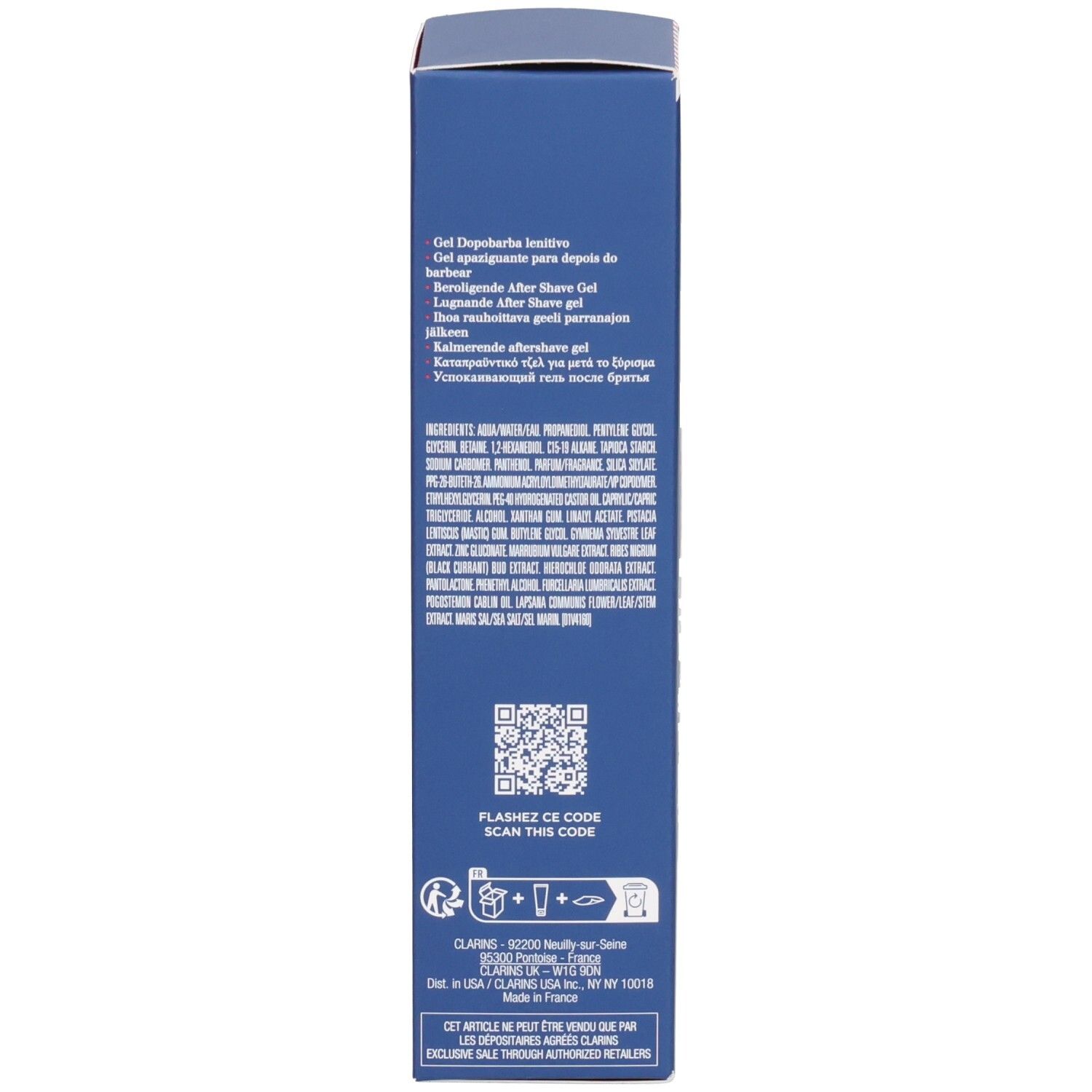 Seite einer Clarins Men After Shave Soothing Gel Schachtel mit Produktinformationen und QR-Code.