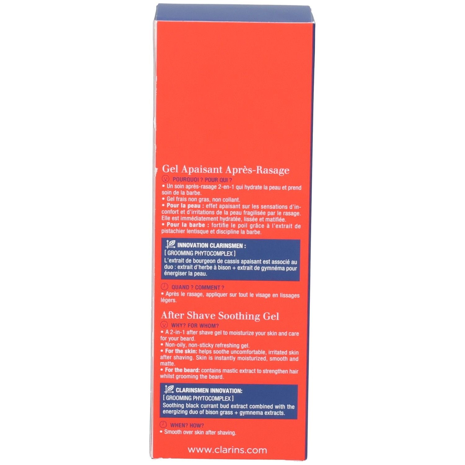 Seite einer Clarins Men After Shave Soothing Gel Schachtel mit Produktvorteilen und Innovationen.