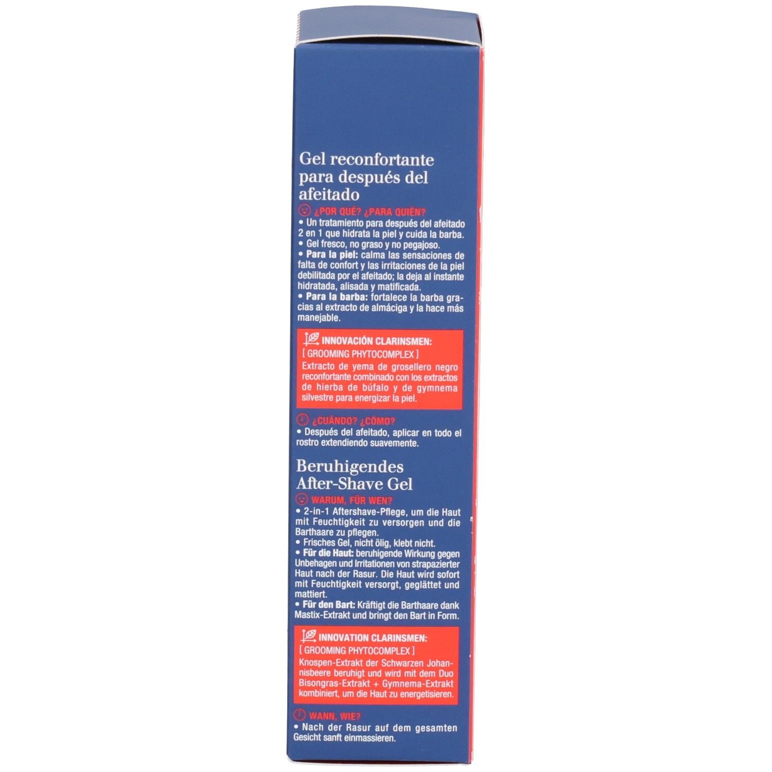 Seite einer Clarins Men After Shave Soothing Gel Schachtel mit Produktbeschreibung auf Spanisch und Deutsch.