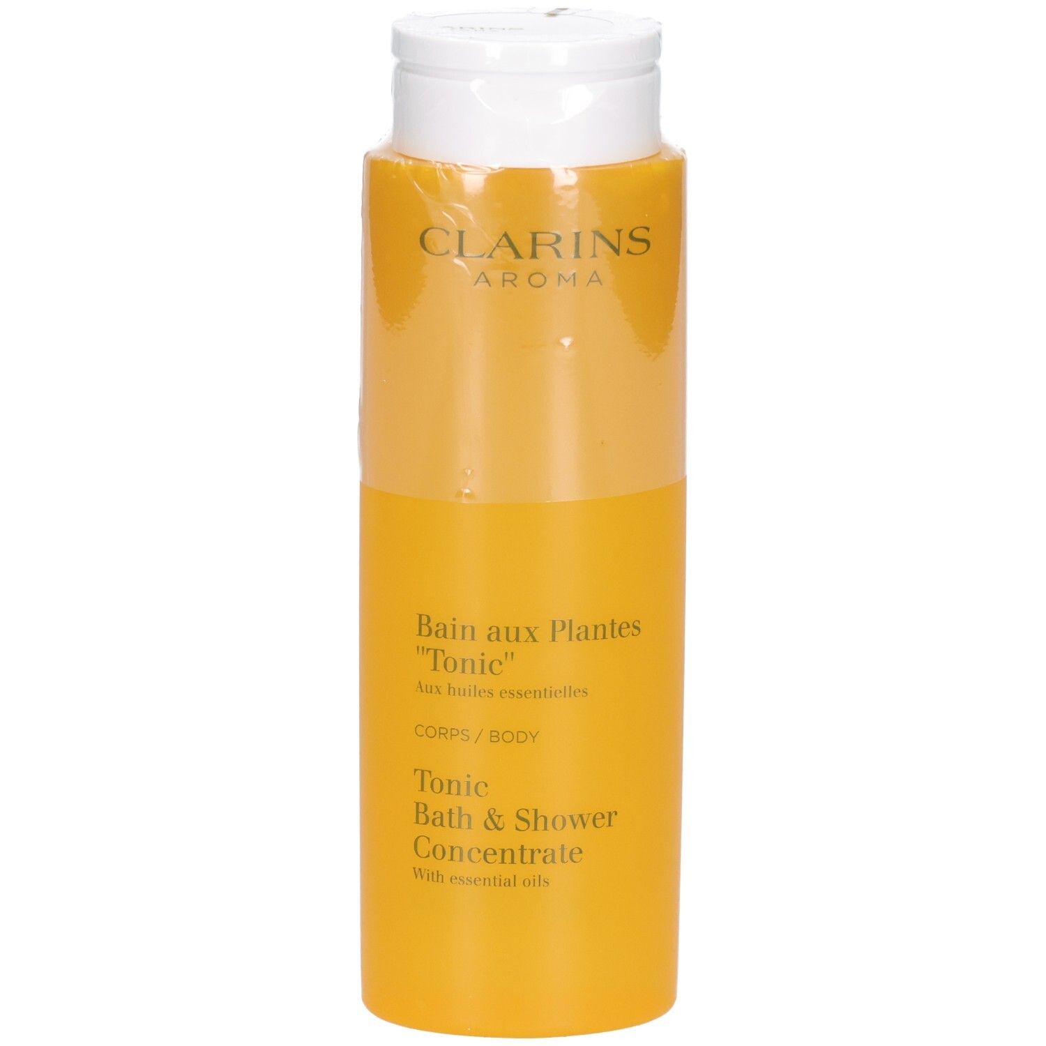 Clarins Tonic Bad & Duschkonzentrat in gelber Flasche mit weißem Klappdeckel.