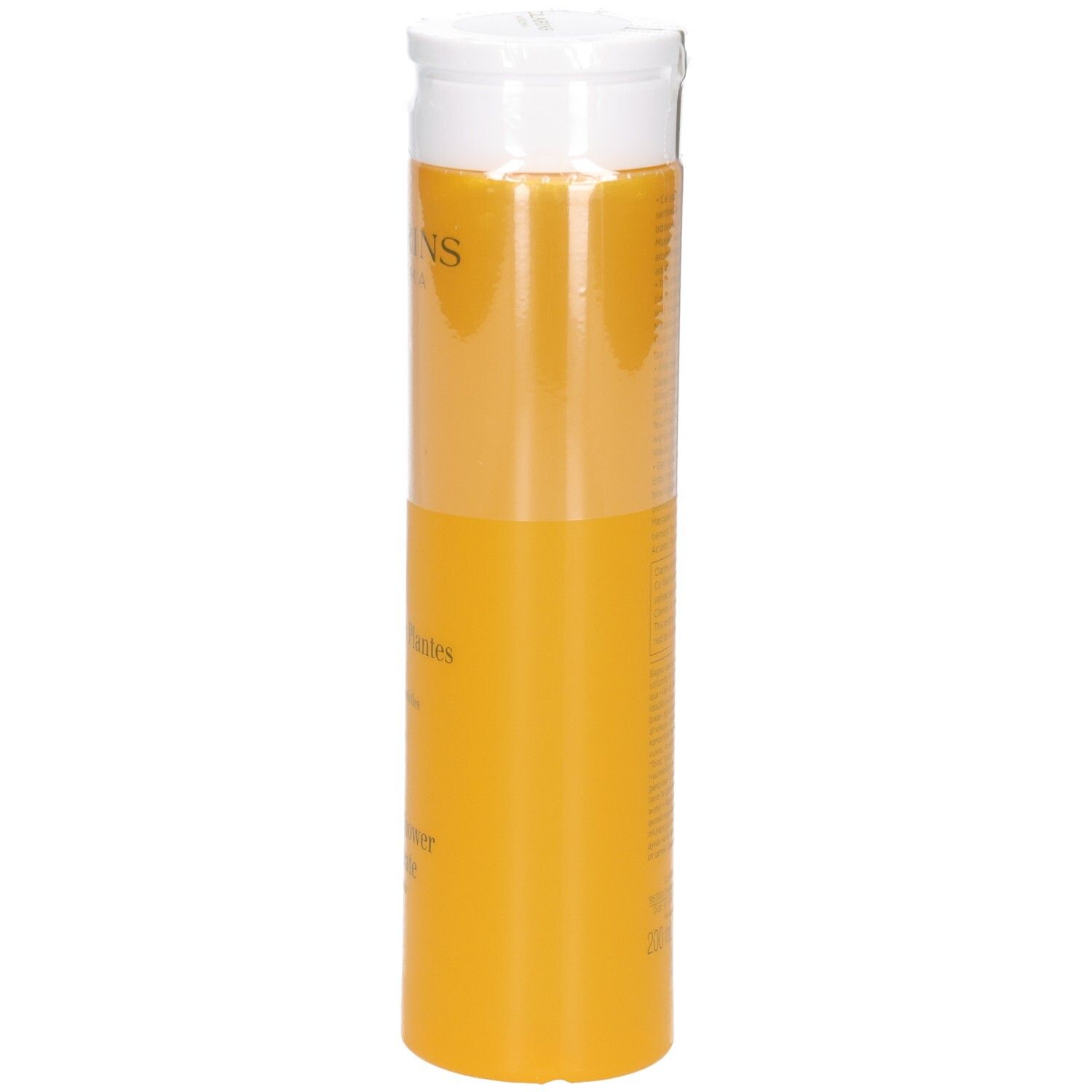 Seitenansicht einer gelben Clarins Tonic Bad & Duschkonzentrat-Flasche mit weißem Klappdeckel.