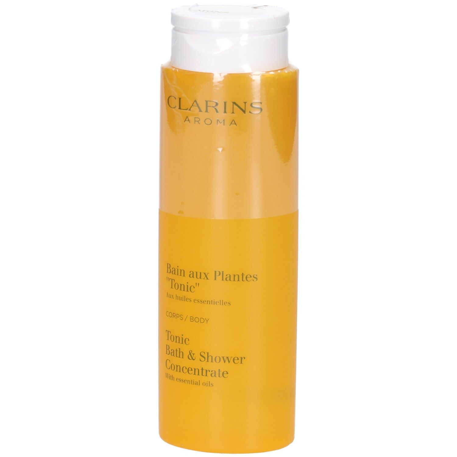 Clarins Tonic Bad & Duschkonzentrat in gelber Flasche mit weißem Klappdeckel.