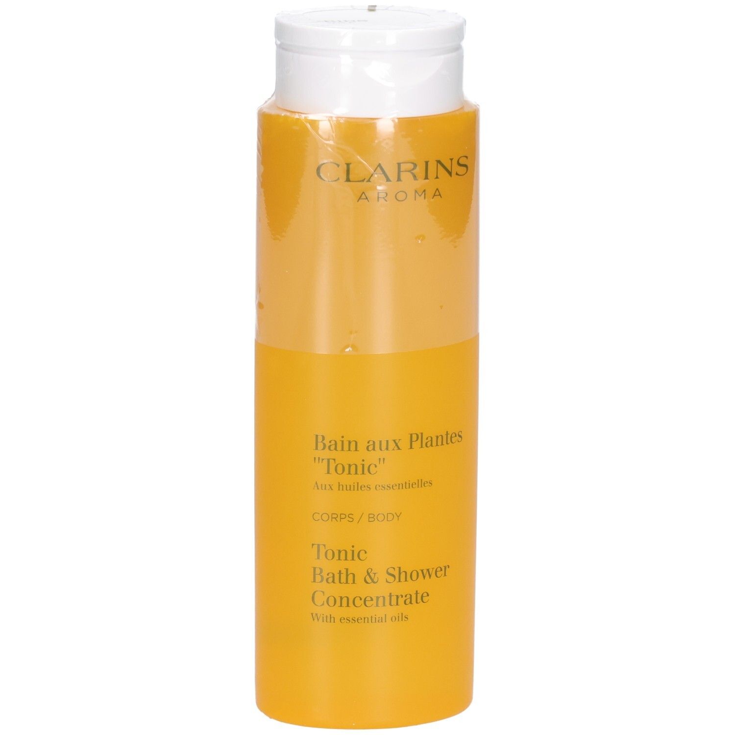 Clarins Tonic Bad & Duschkonzentrat in gelber Flasche mit weißem Klappdeckel.