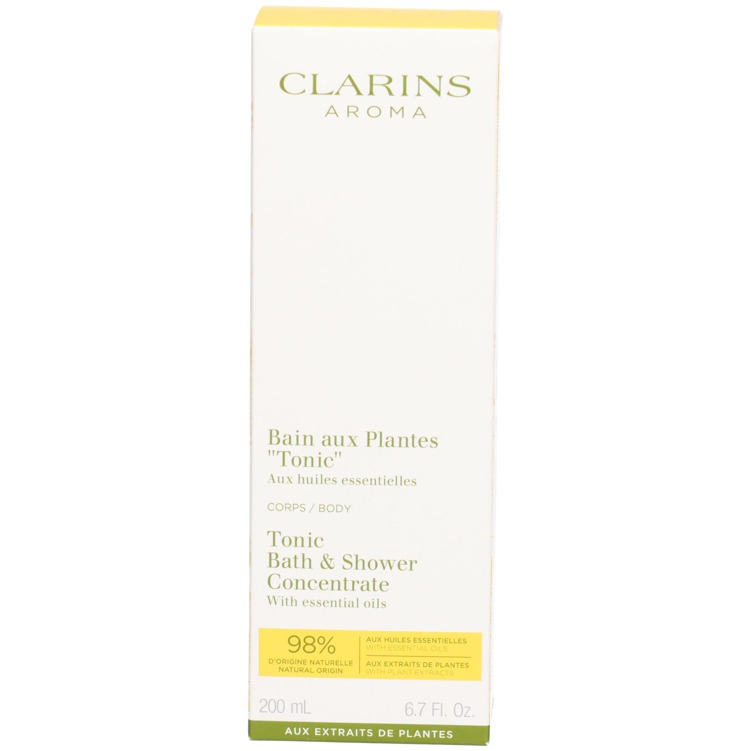 Verpackungsschachtel für Clarins Tonic Bad & Duschkonzentrat mit Produktinformationen.