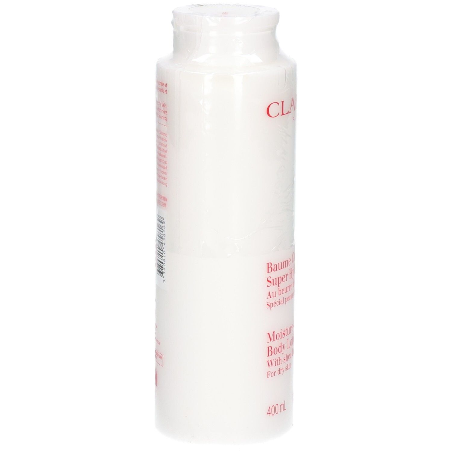 Clarins Körperbalsam: Seitenansicht der weißen Flasche mit rotem Logo und Text. Enthält Sheabutter.