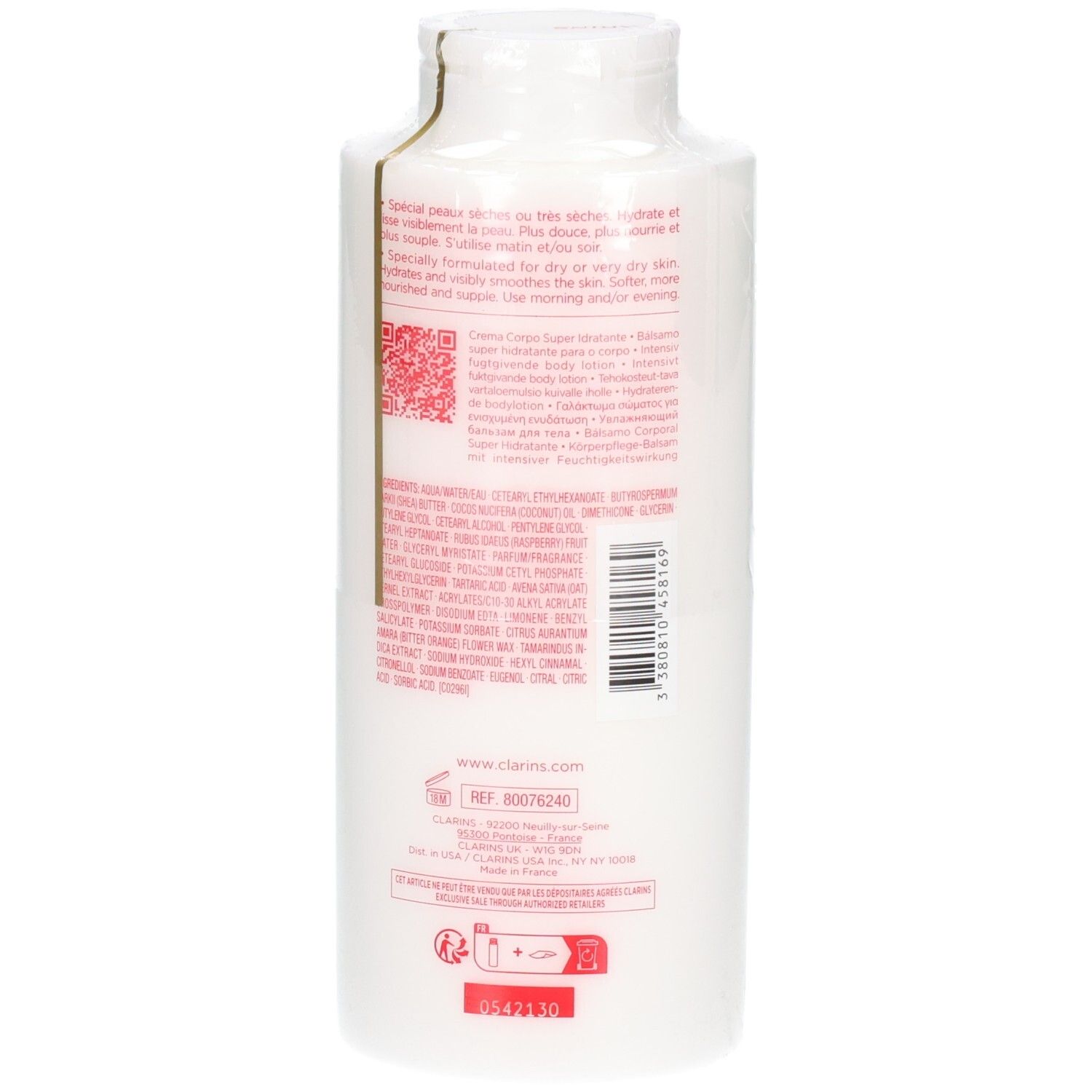Clarins Körperbalsam: Rückseite der weißen Flasche mit detaillierten Produktinformationen und Barcode.