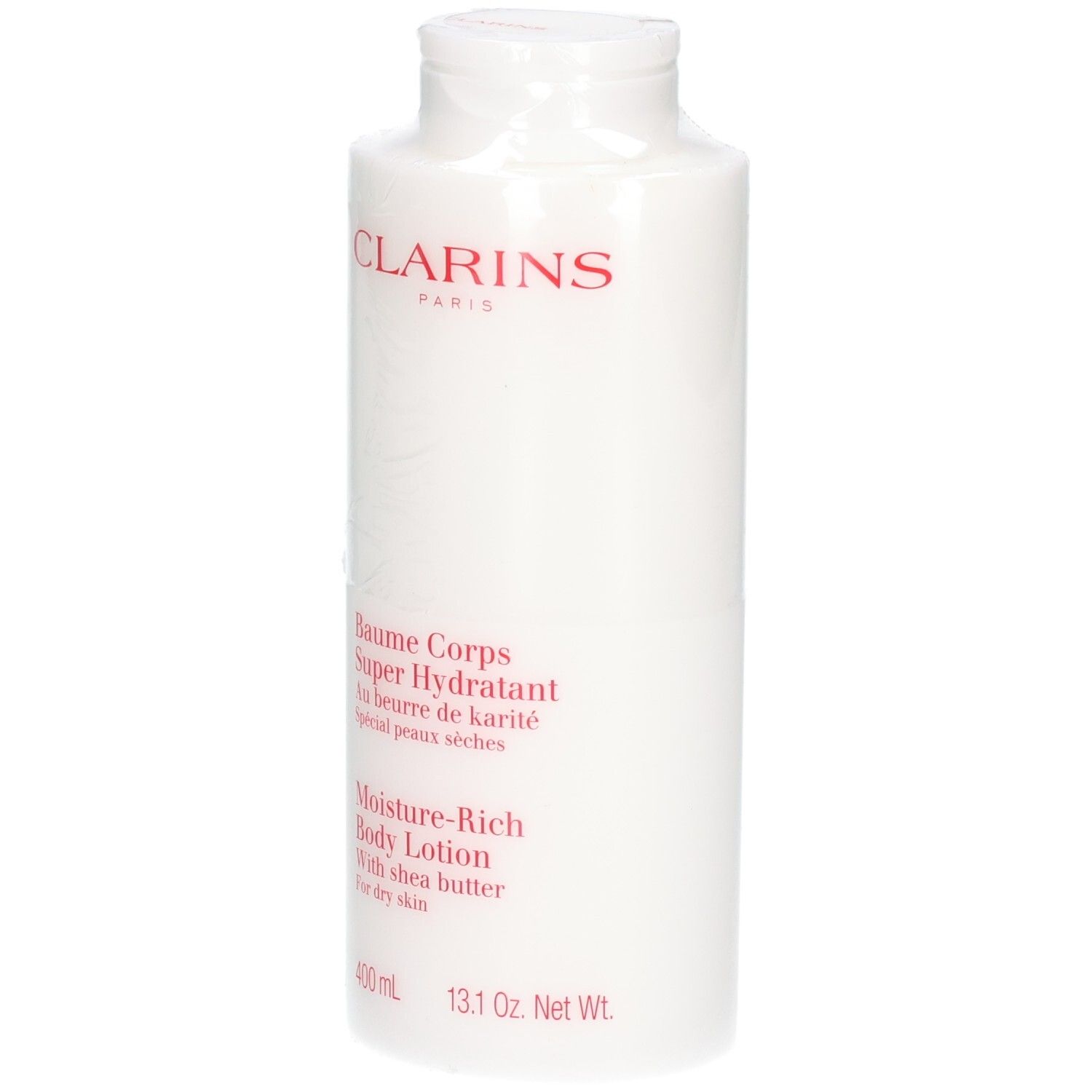 Clarins Körperbalsam: Weiße Flasche mit rotem Logo und Text. Enthält Sheabutter für trockene Haut.
