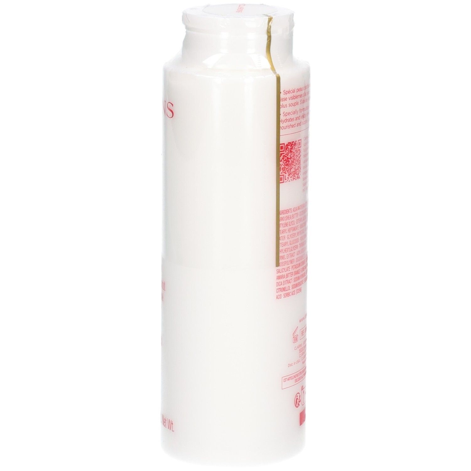 Clarins Körperbalsam: Seitenansicht der weißen Flasche mit rotem Logo und Text. Enthält Sheabutter.