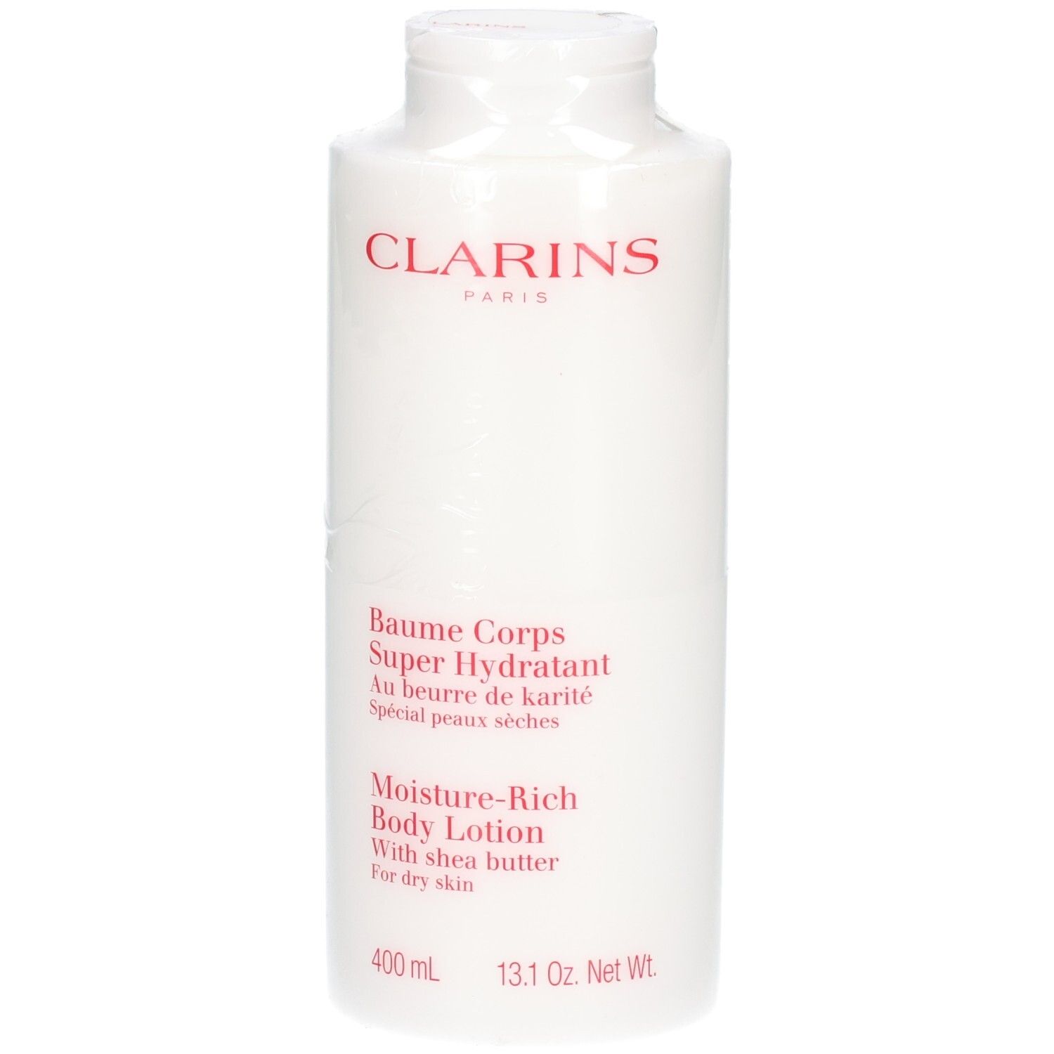 Clarins Körperbalsam: Weiße Flasche mit rotem Logo und Text. Enthält Sheabutter für trockene Haut.