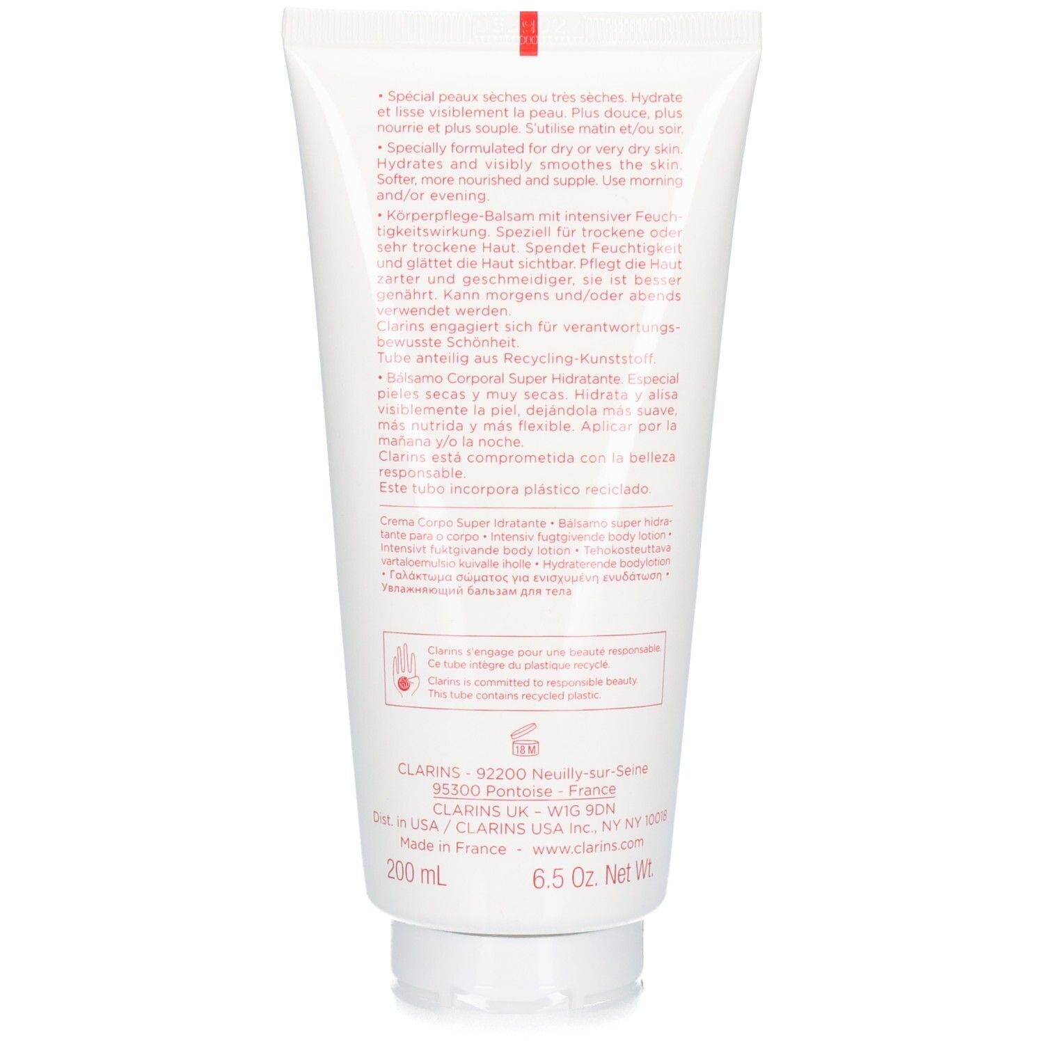 Rückseite einer Clarins Körperlotion-Tube mit Produktinformationen und 200 ml Angabe.