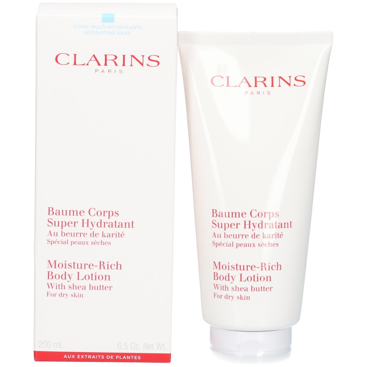 Clarins Körperlotion und ihre Verpackungsschachtel, beide mit rotem Schriftzug.