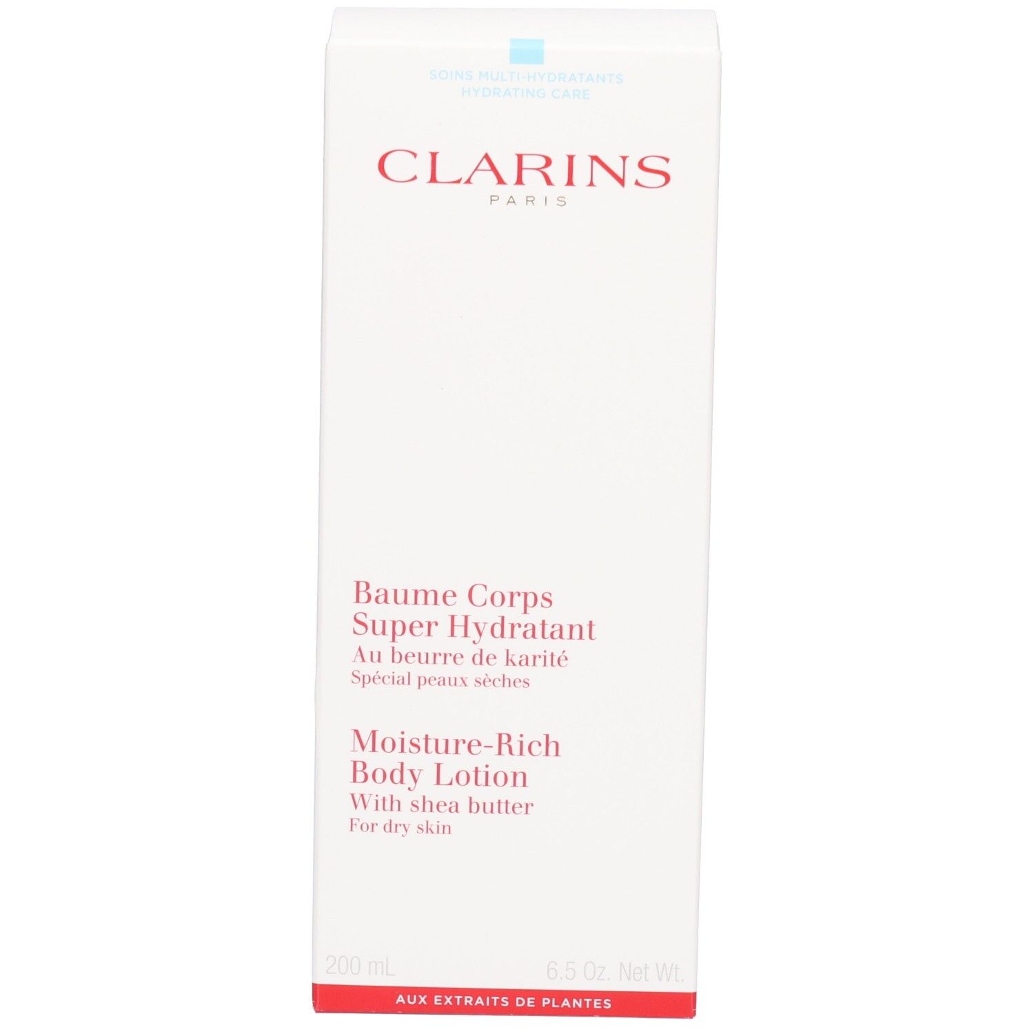 Verpackungsschachtel der Clarins Körperlotion mit rotem Schriftzug und Produktinformationen.