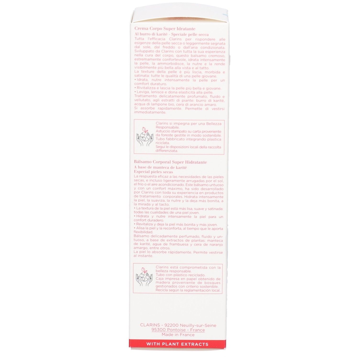 Seite der Clarins Körperlotion-Verpackung mit detaillierten Anwendungshinweisen.