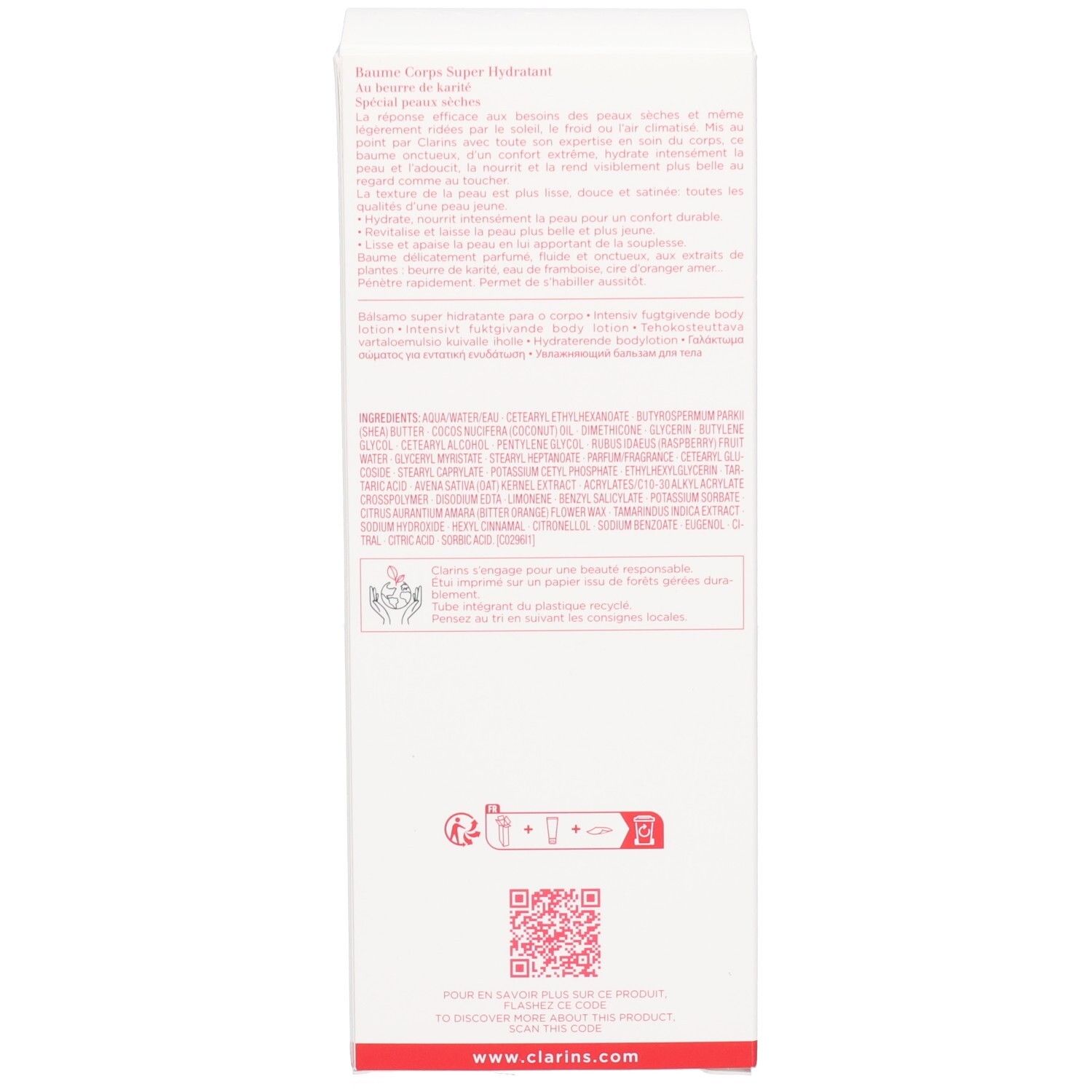 Rückseite der Clarins Körperlotion-Verpackung mit Inhaltsstoffen und QR-Code.