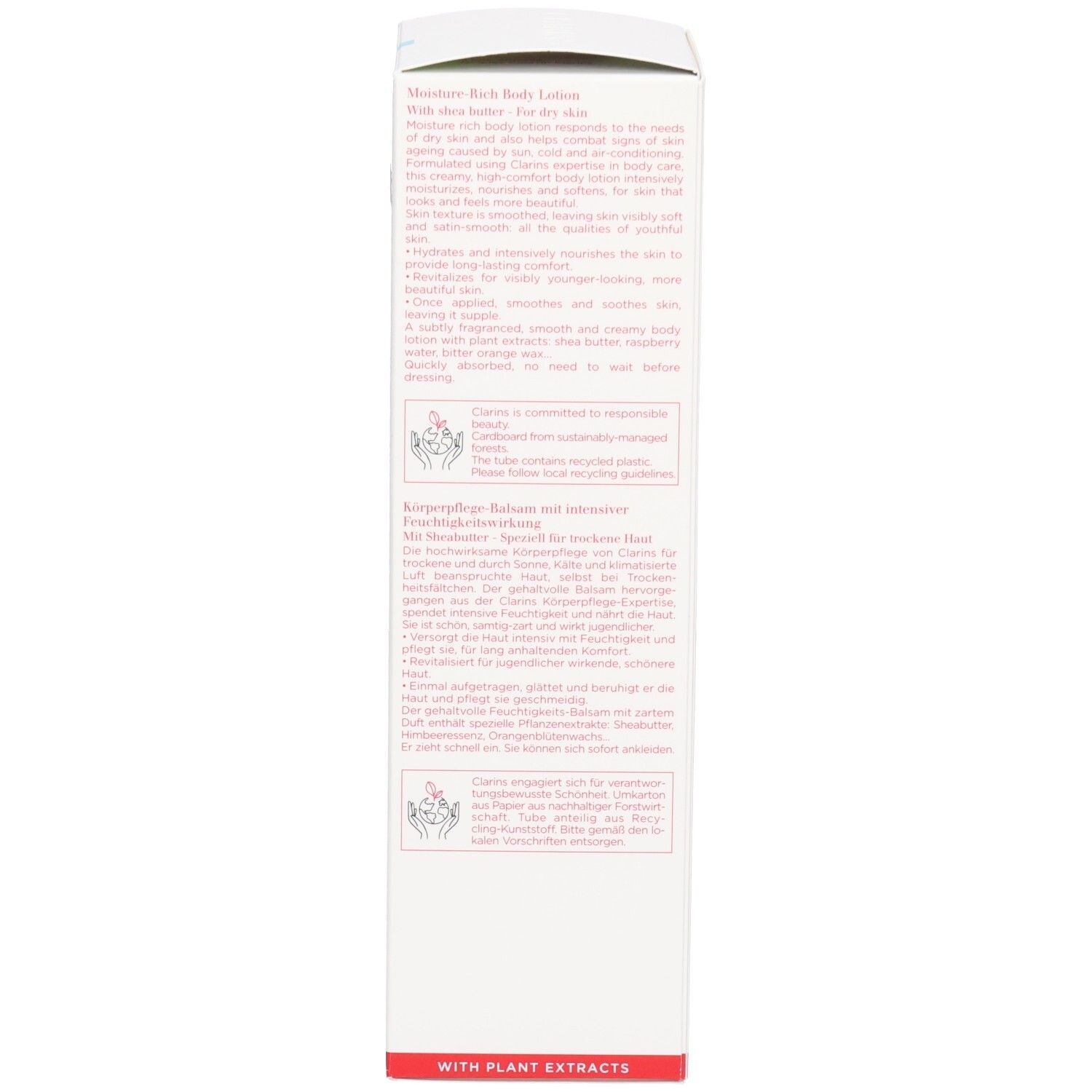 Seite der Clarins Körperlotion-Verpackung mit englischen und deutschen Produktbeschreibungen.