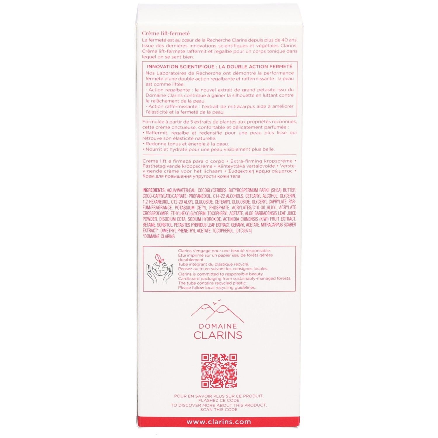 Clarins Body Firming Cream Verpackung Seite mit Inhaltsstoffen
