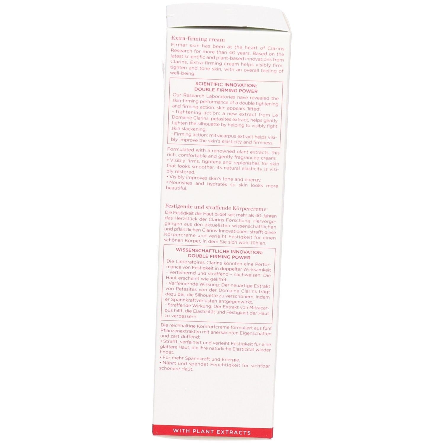 Clarins Body Firming Cream Verpackung Seite mit Produktvorteilen