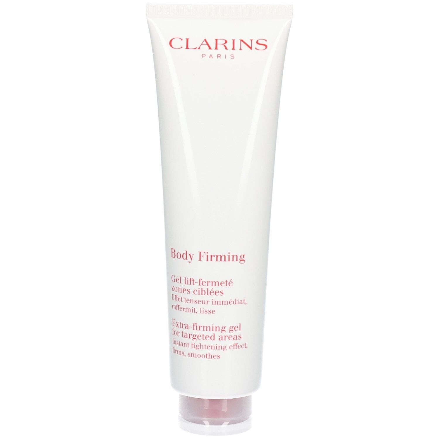 Clarins Body Firming Gel Tube. Weißer Schlauch mit rotem Logo und Text. Klappdeckel.