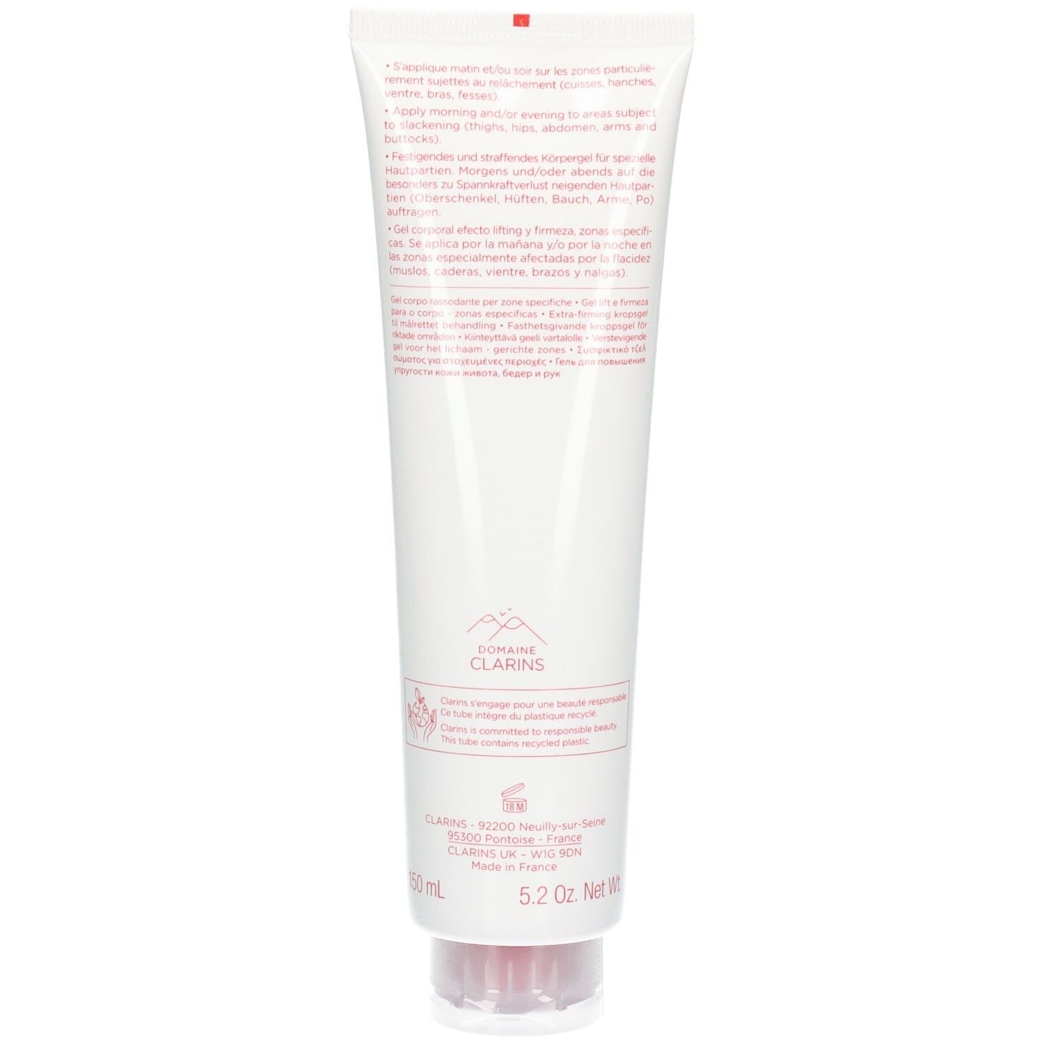 Rückseite Clarins Body Firming Gel Tube. Weiße Tube mit detailliertem Text und Logo.
