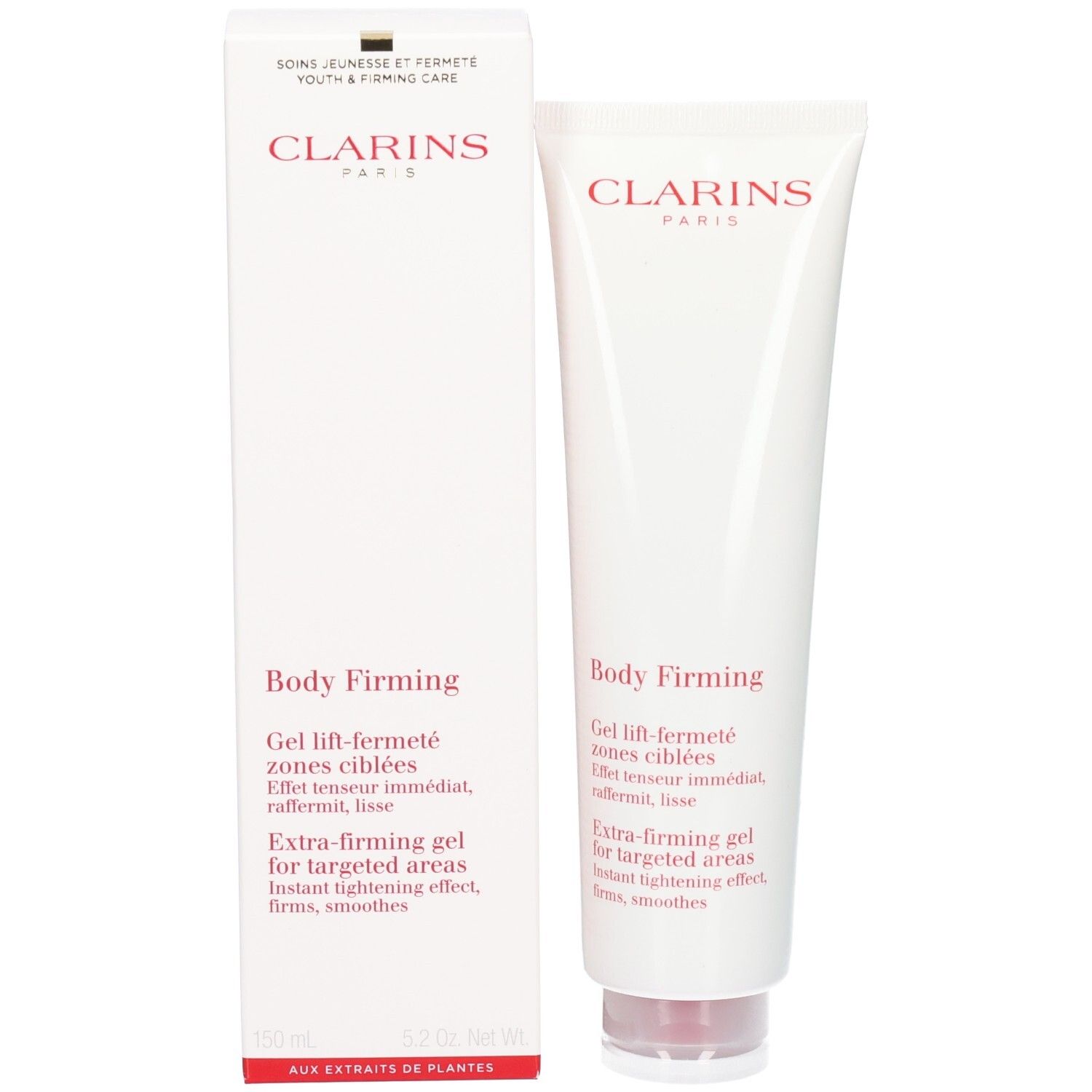 Clarins Body Firming Gel Tube und Verpackung. Weiße Tube und Kartonverpackung mit rotem Logo.