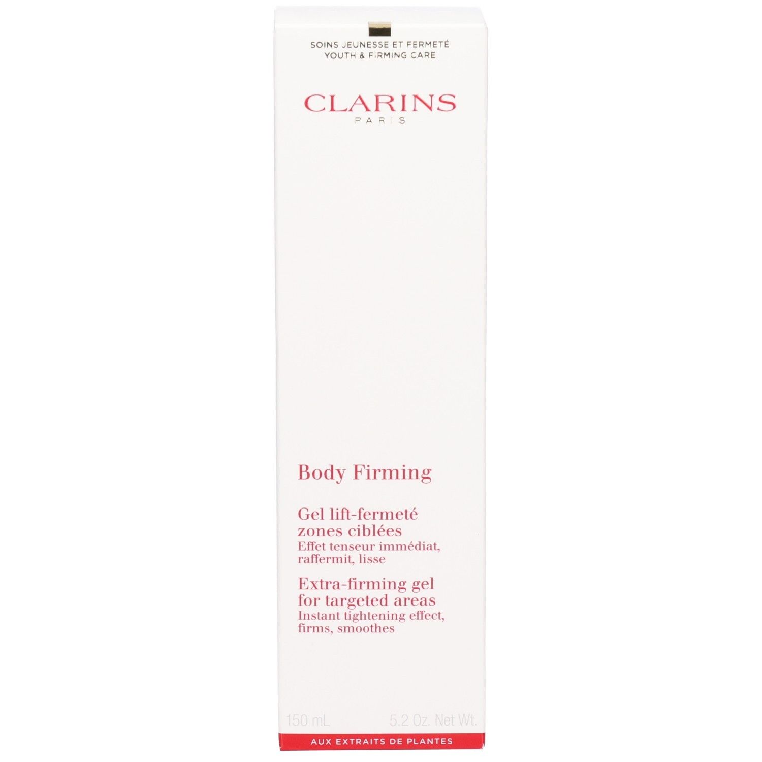 Clarins Body Firming Gel Kartonverpackung. Weiße Box mit rotem Logo und Produktinformationen.