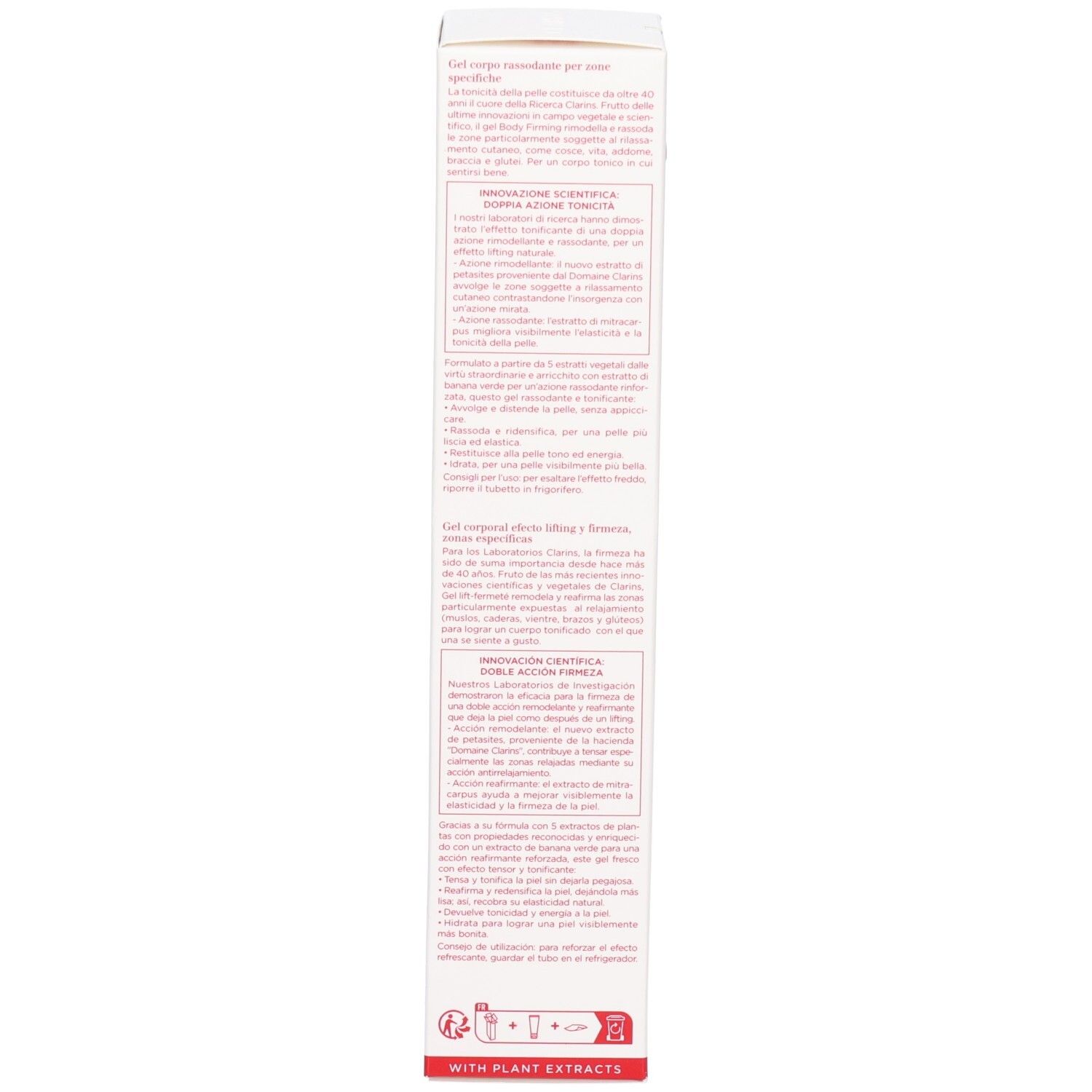 Seite der Clarins Body Firming Gel Verpackung. Weiße Box mit detailliertem Text.