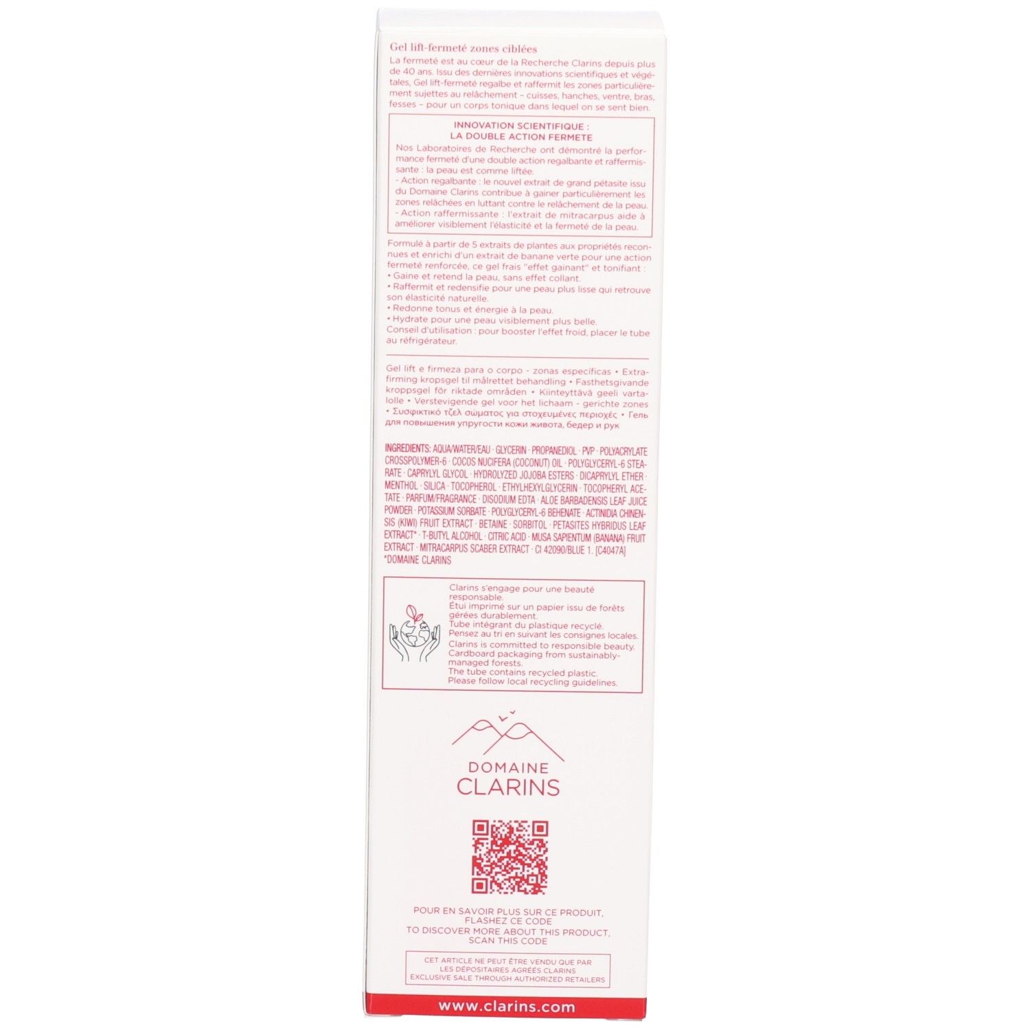 Seite der Clarins Body Firming Gel Verpackung. Weiße Box mit italienischem Text und Symbolen.