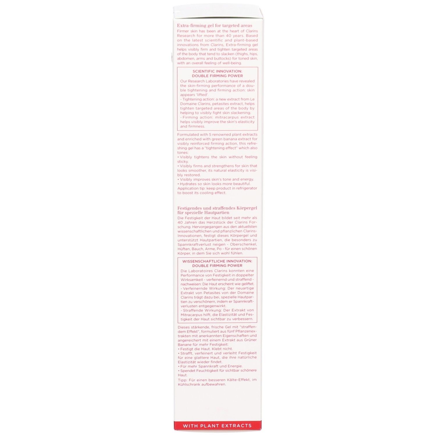 Seite der Clarins Body Firming Gel Verpackung. Weiße Box mit englischem und deutschem Text.