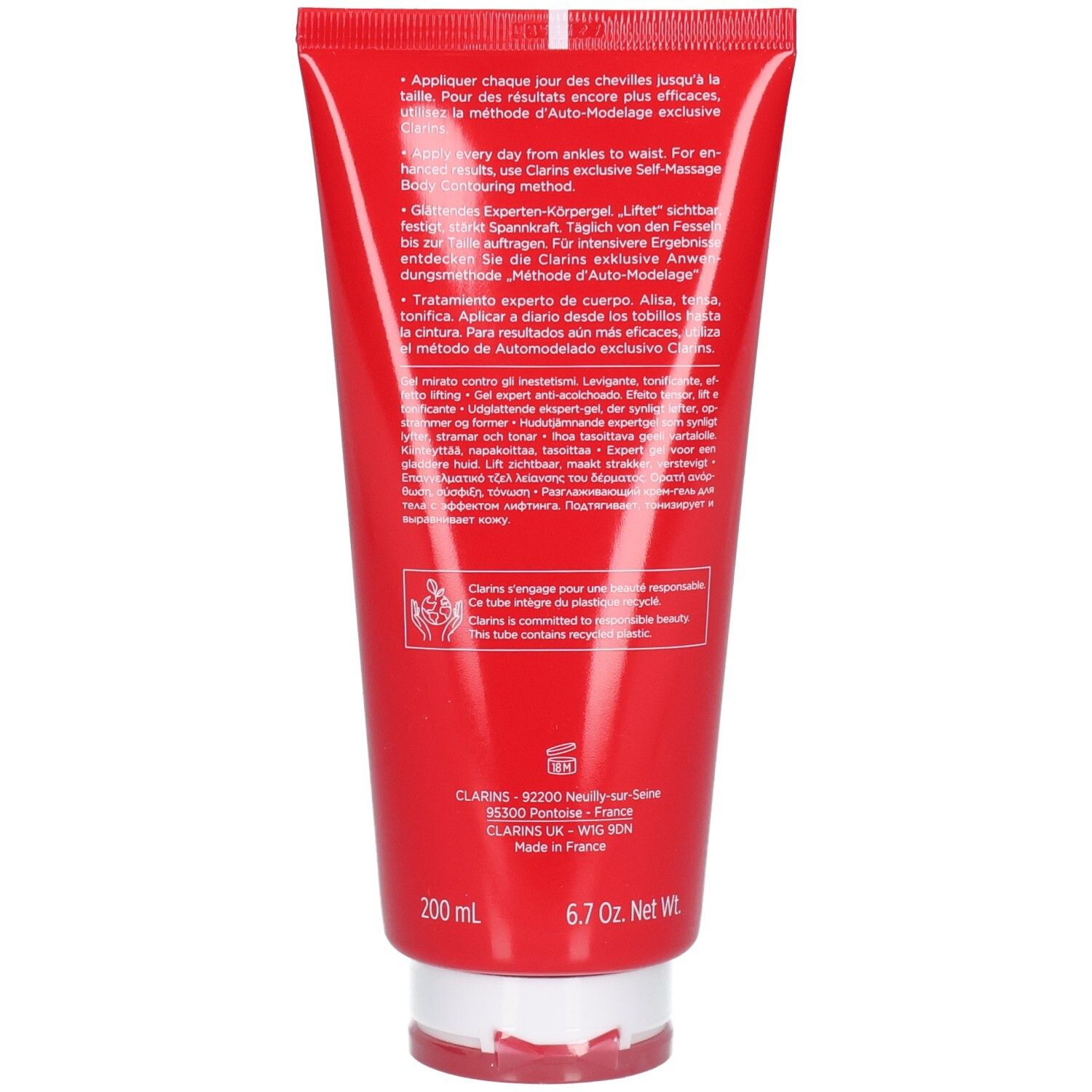 Rückseite der Clarins Body Fit Active Tube mit Produktinformationen und 200 ml Angabe.