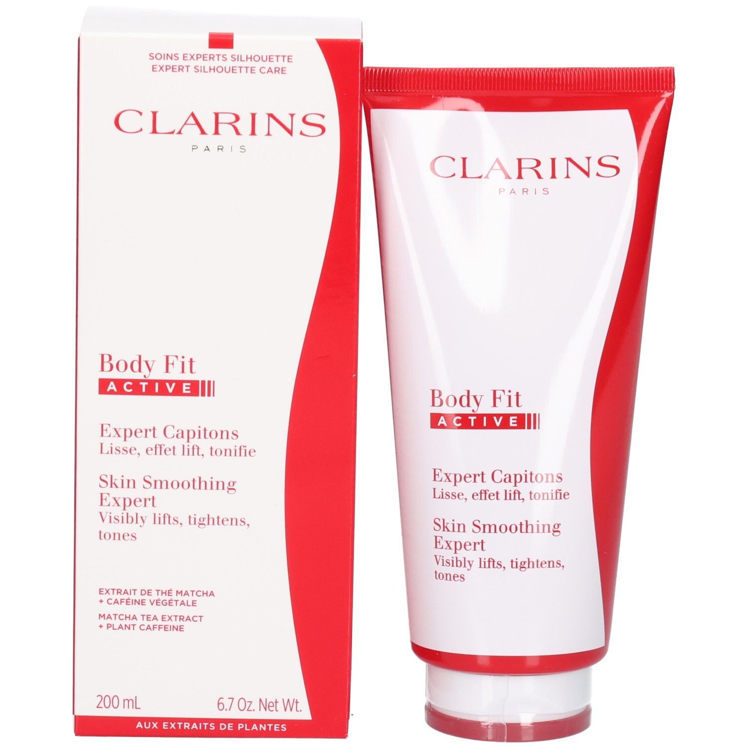 Clarins Body Fit Active Tube und Verpackungsschachtel, weiß mit roten Akzenten.