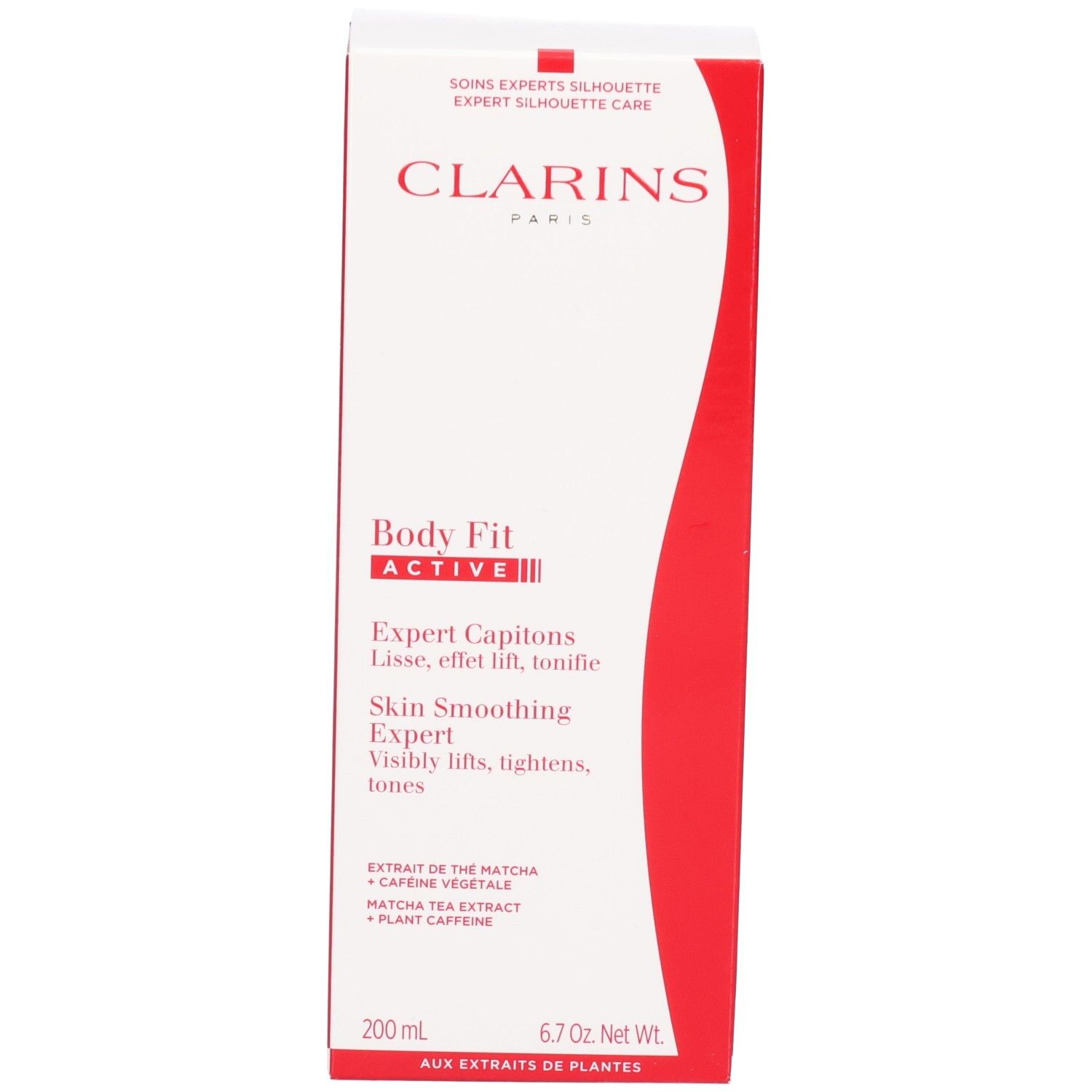 Clarins Body Fit Active Verpackungsschachtel, weiß mit roten Designelementen.