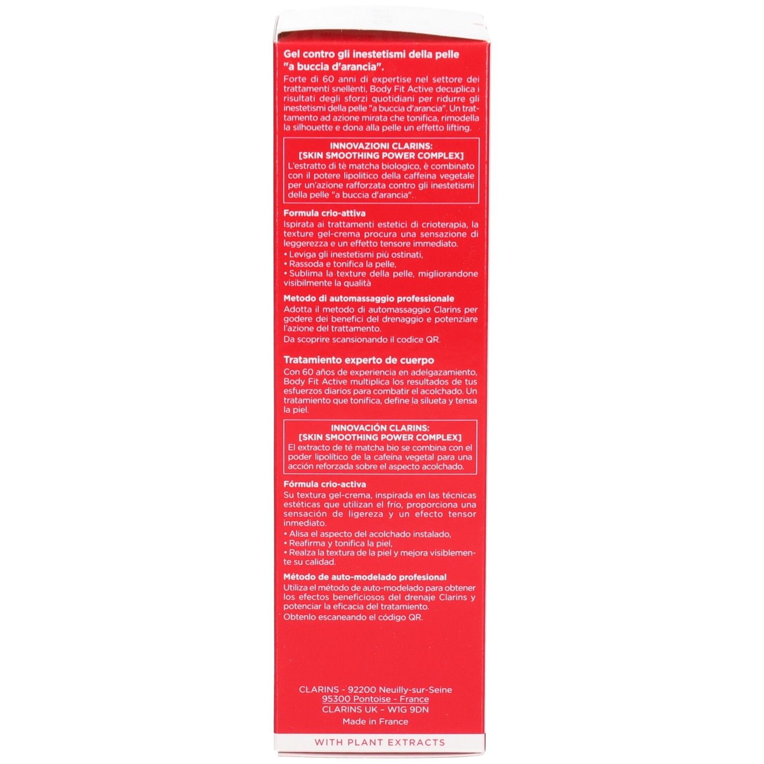 Seite der Clarins Body Fit Active Verpackung mit italienischen und französischen Texten.