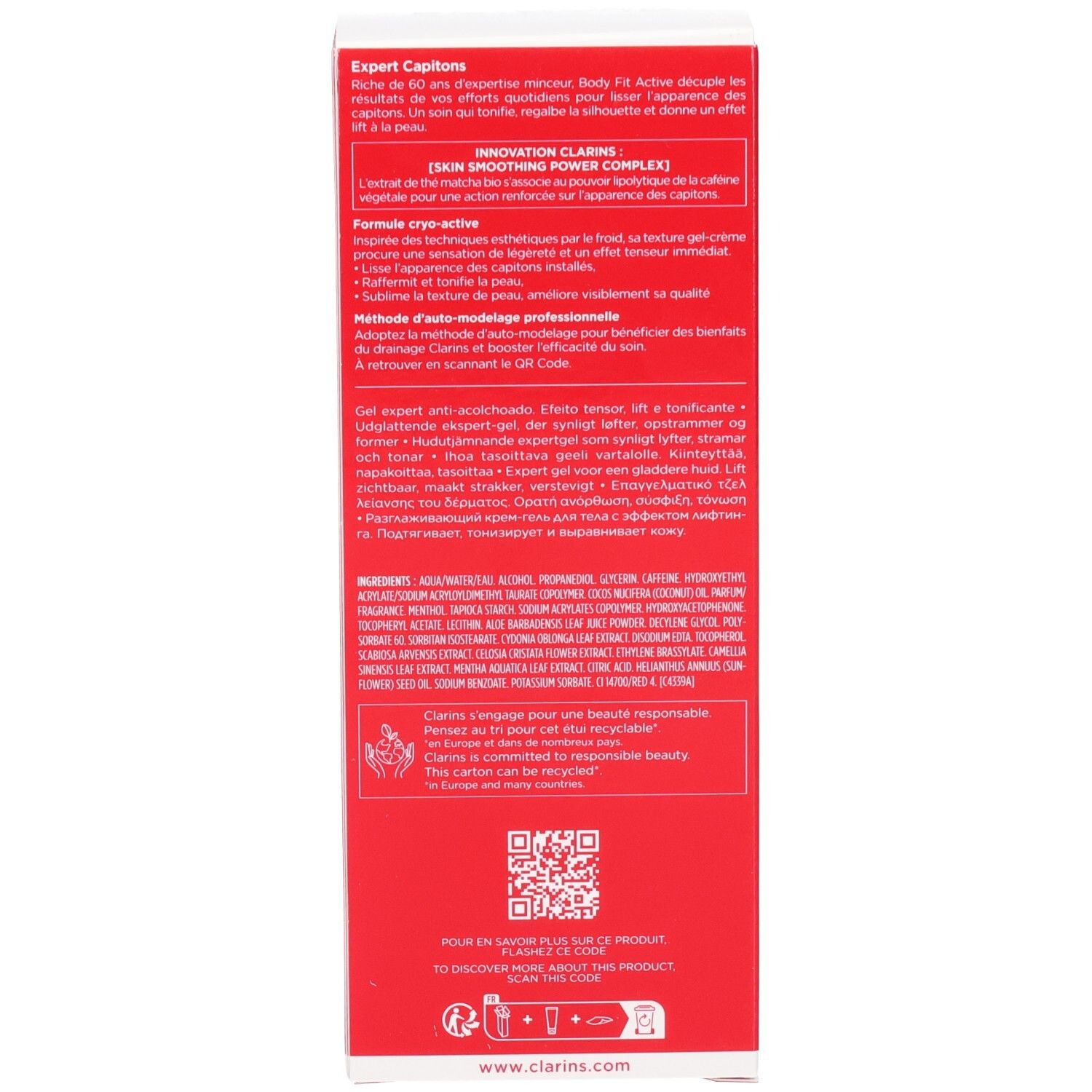 Seite der Clarins Body Fit Active Verpackung mit deutschen und englischen Texten.