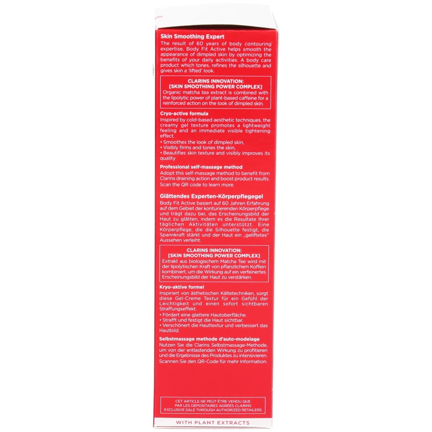 Seite der Clarins Body Fit Active Verpackung mit englischen und deutschen Texten.