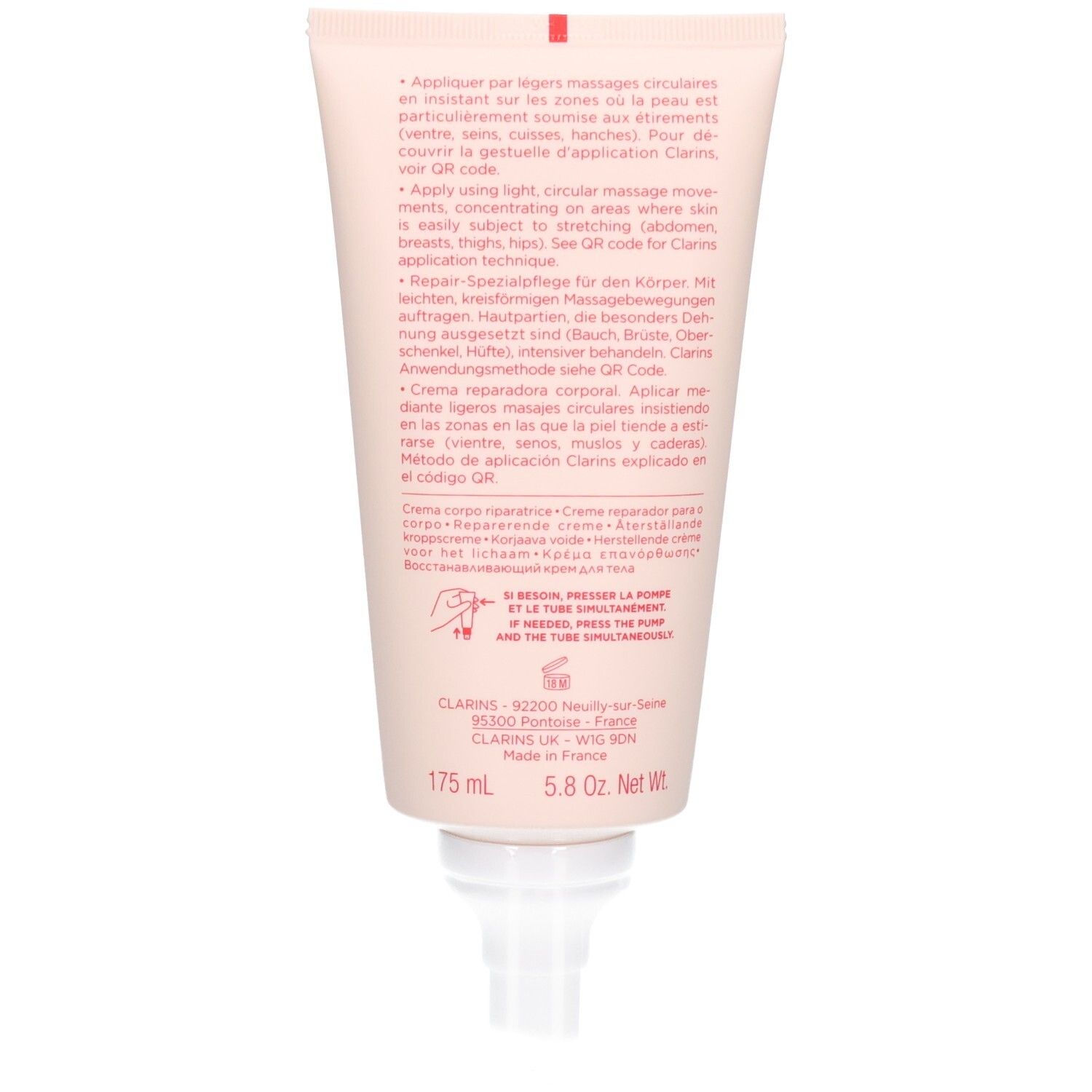 Rückseite einer Clarins Body Partner Tube mit Anwendungshinweisen in mehreren Sprachen.