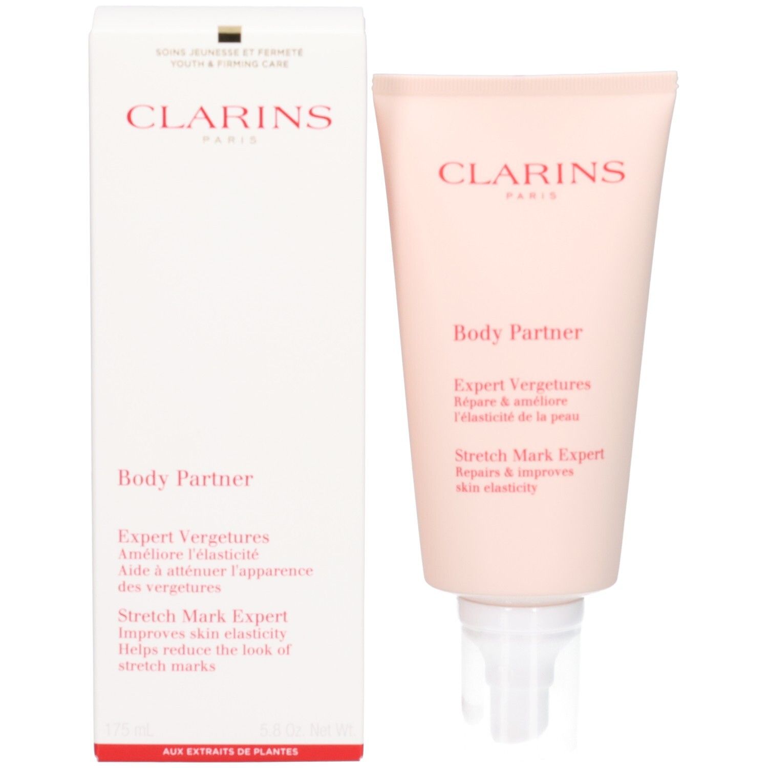 Clarins Body Partner Tube und Umverpackung, hellrosa und weiß.