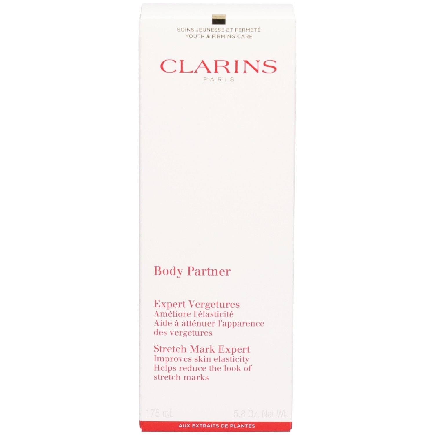 Clarins Body Partner Umverpackung, weiß mit rosa Schrift.