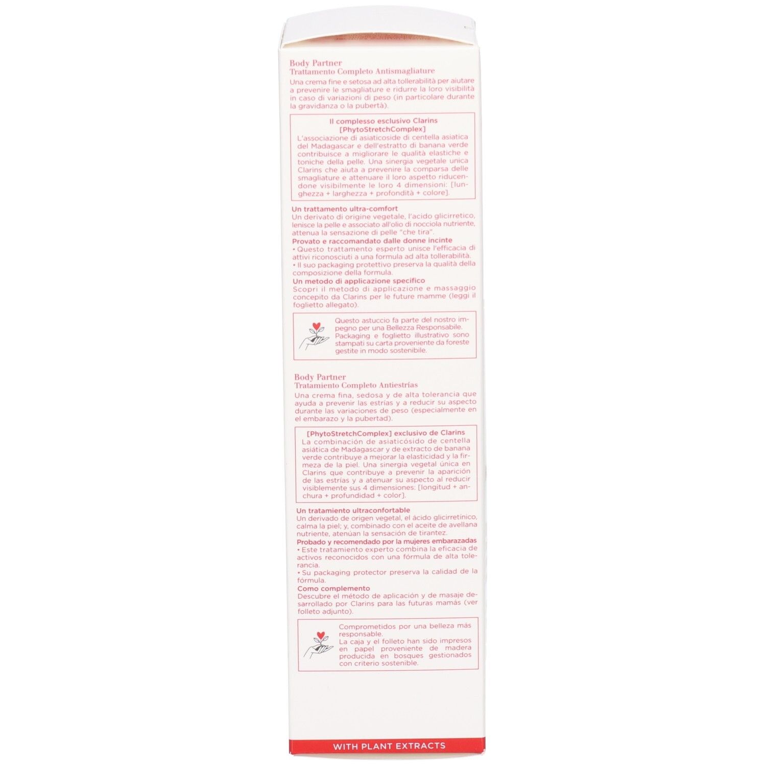 Seite der Clarins Body Partner Umverpackung mit detaillierten Produktinformationen.