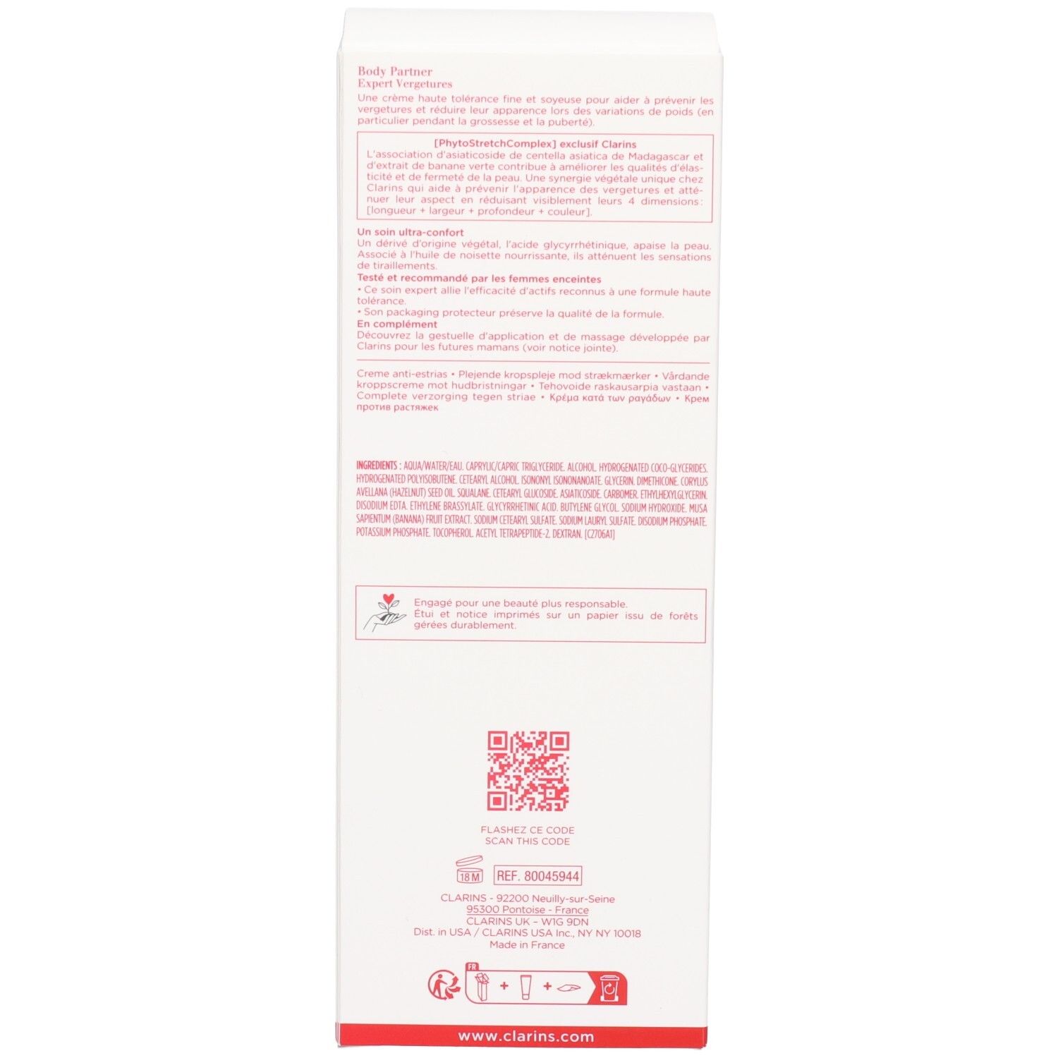 Seite der Clarins Body Partner Umverpackung mit Inhaltsstoffen und QR-Code.