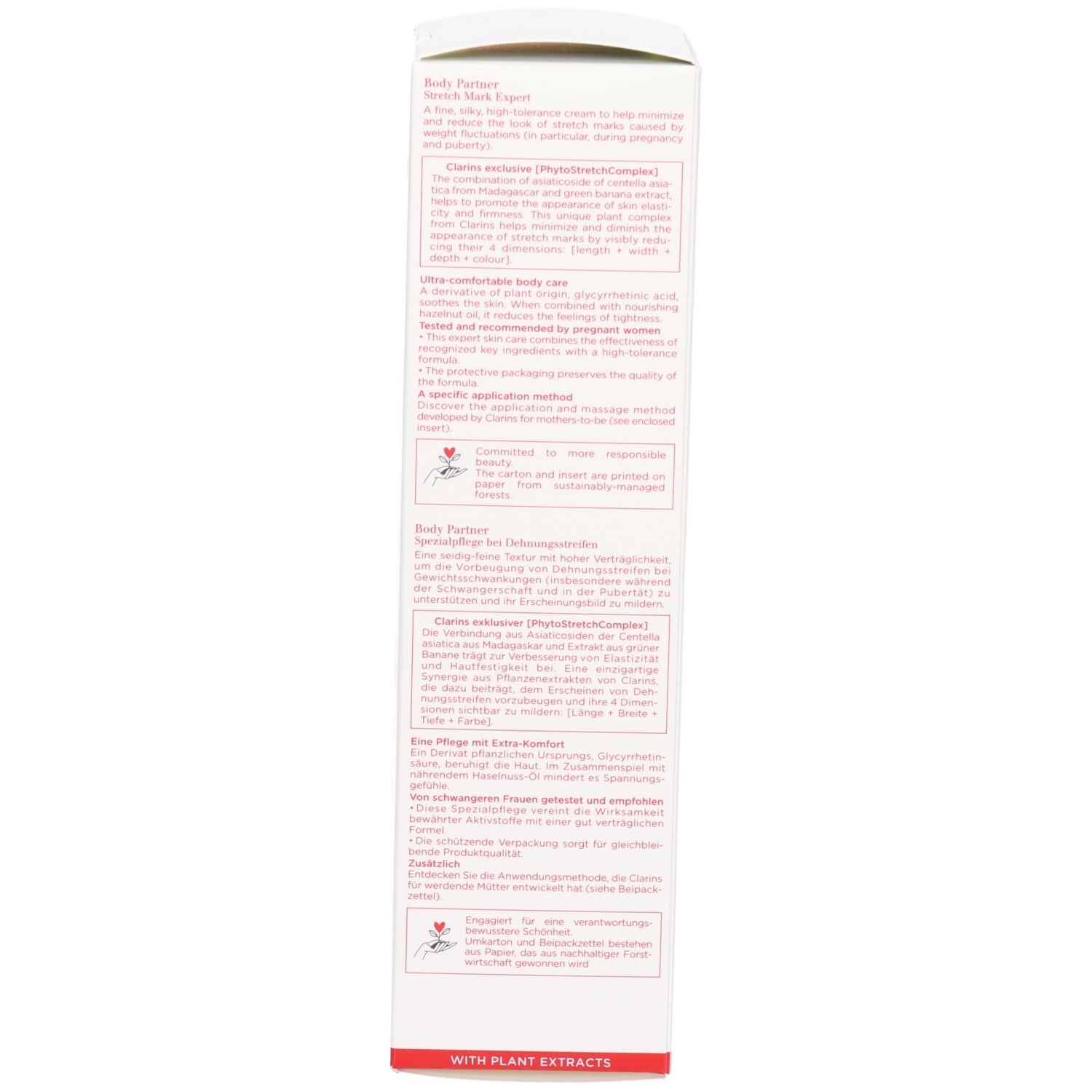 Seite der Clarins Body Partner Umverpackung mit Anwendungshinweisen und Siegeln.