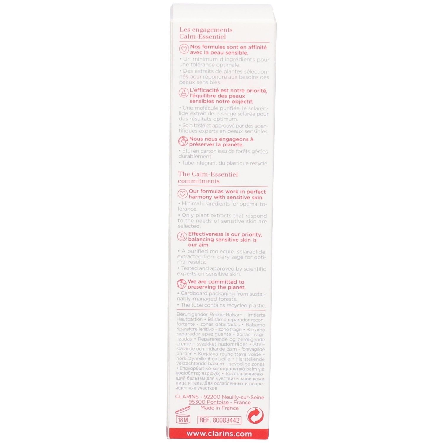 Clarins Calm Essentiel: Produktinformationen und Inhaltsstoffe auf der Verpackungsrückseite.