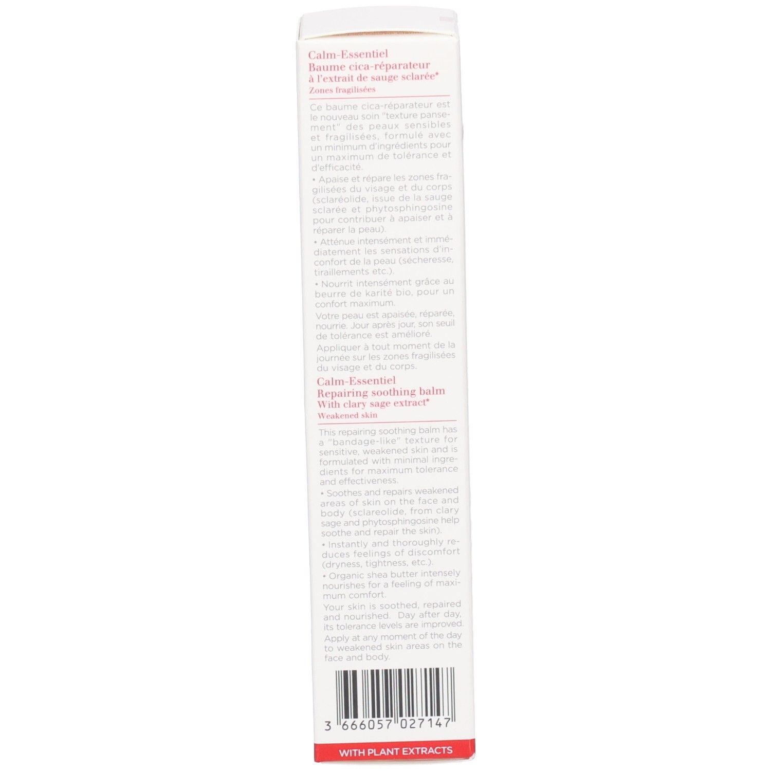 Clarins Calm Essentiel: Produktinformationen und Inhaltsstoffe auf der Verpackungsrückseite.